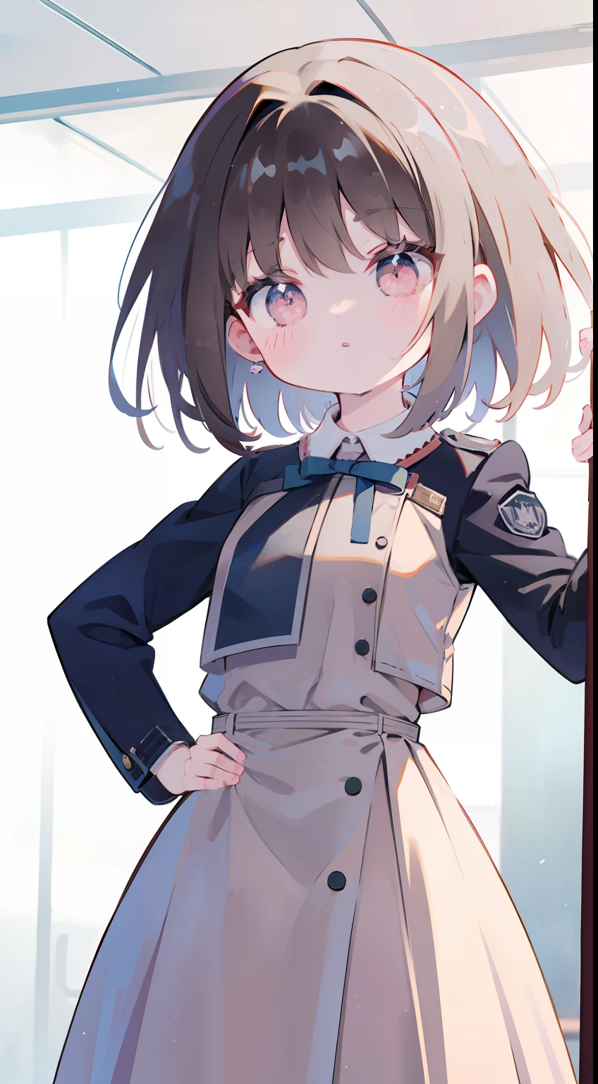 Chibi、Pink military uniform、skirt by the、bow ribbon、Straight face、happen、Hanging eyes、put hands on the hip、masterpiece、Top image quality、top-quality、cute little