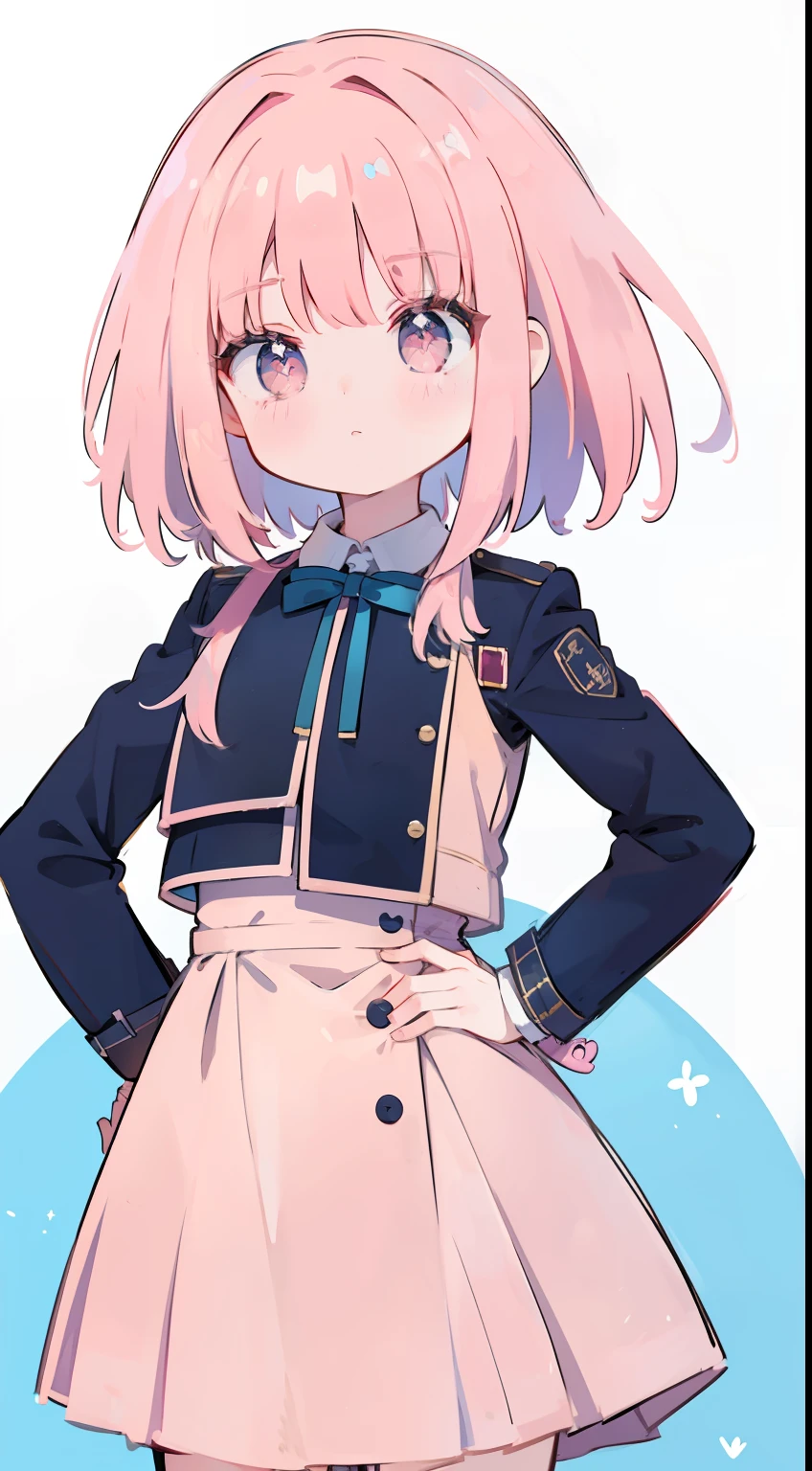 Chibi、Pink military uniform、skirt by the、bow ribbon、Straight face、happen、Hanging eyes、put hands on the hip、masterpiece、Top image quality、top-quality、cute little