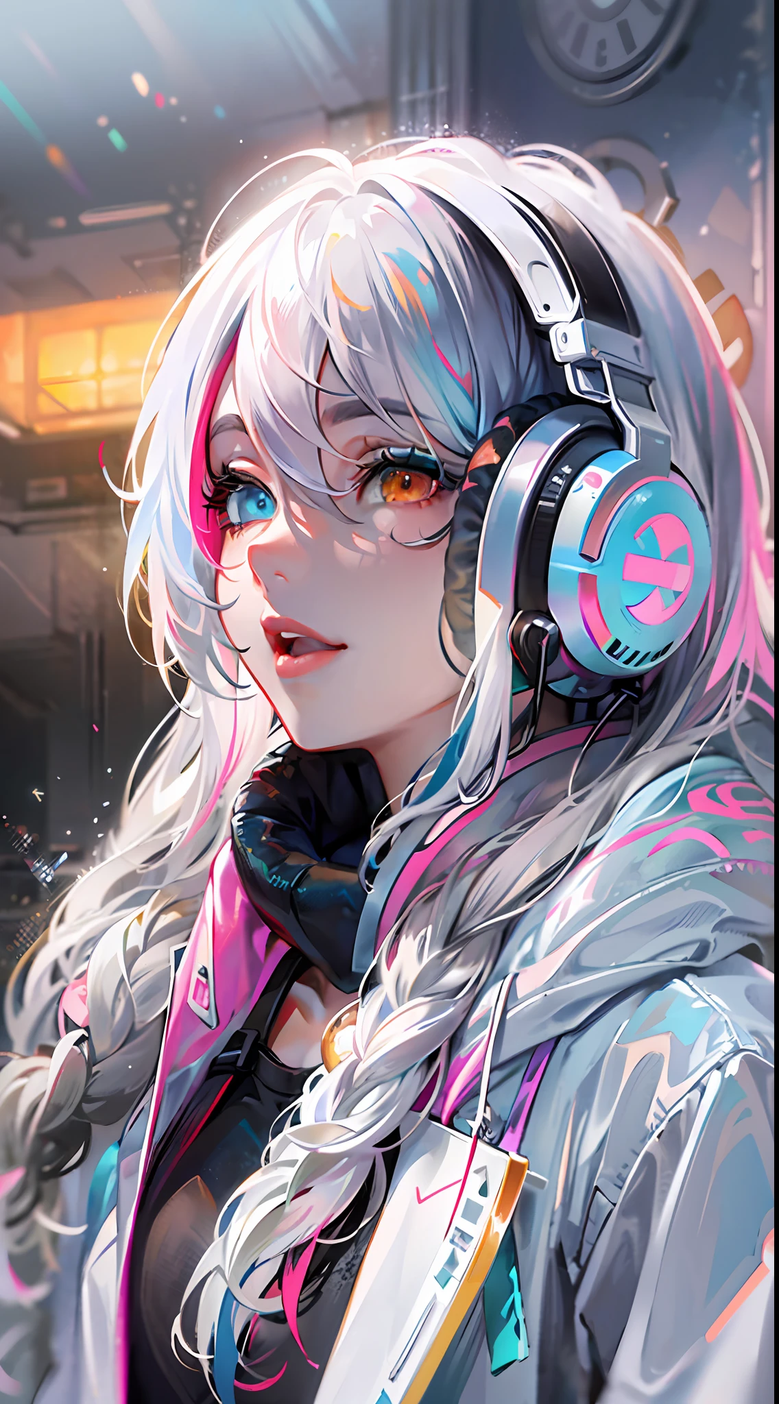 {{masterpiece}}, top-quality, Ultra detailed CG Unity 8K wallpaper, Cinematographic lighting, lensflare, Beautiful detail eyes, Coat color:white and black, colorful light, Particle, heterochromia iridis, (colourfull:1.5), (Colorful hair:1.5),Headphones on the neck,ciber
