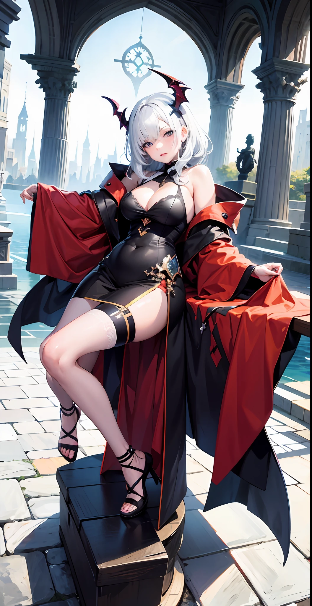 [(White background:1.5)::5], (Medium Shot Shot:0.95), (full bodyesbian:1.25), Dynamic Angle, [Fundo], (Falt color:1.3),Colorful,(Masterpiece:1,2), Best quality,Extremely detailed CG 8k wallpaper,Best quality, Masterpiece, A high resolution, Original, extremelydetailedwallpaper, (Solo:1.5),Delicate and plump face
1 girl,Solo,White hair,Purple eyes, Bare shoulders,Big breasts,view the viewer,cleavage, (standing:1.3),Outdoors，Red clothes，Gothic，graveyard background，darkly，Vampires