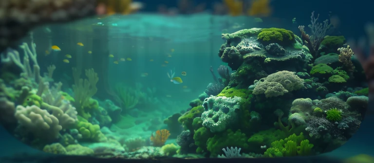 A green underwater world,Fine reef,The reef is covered with moss,
