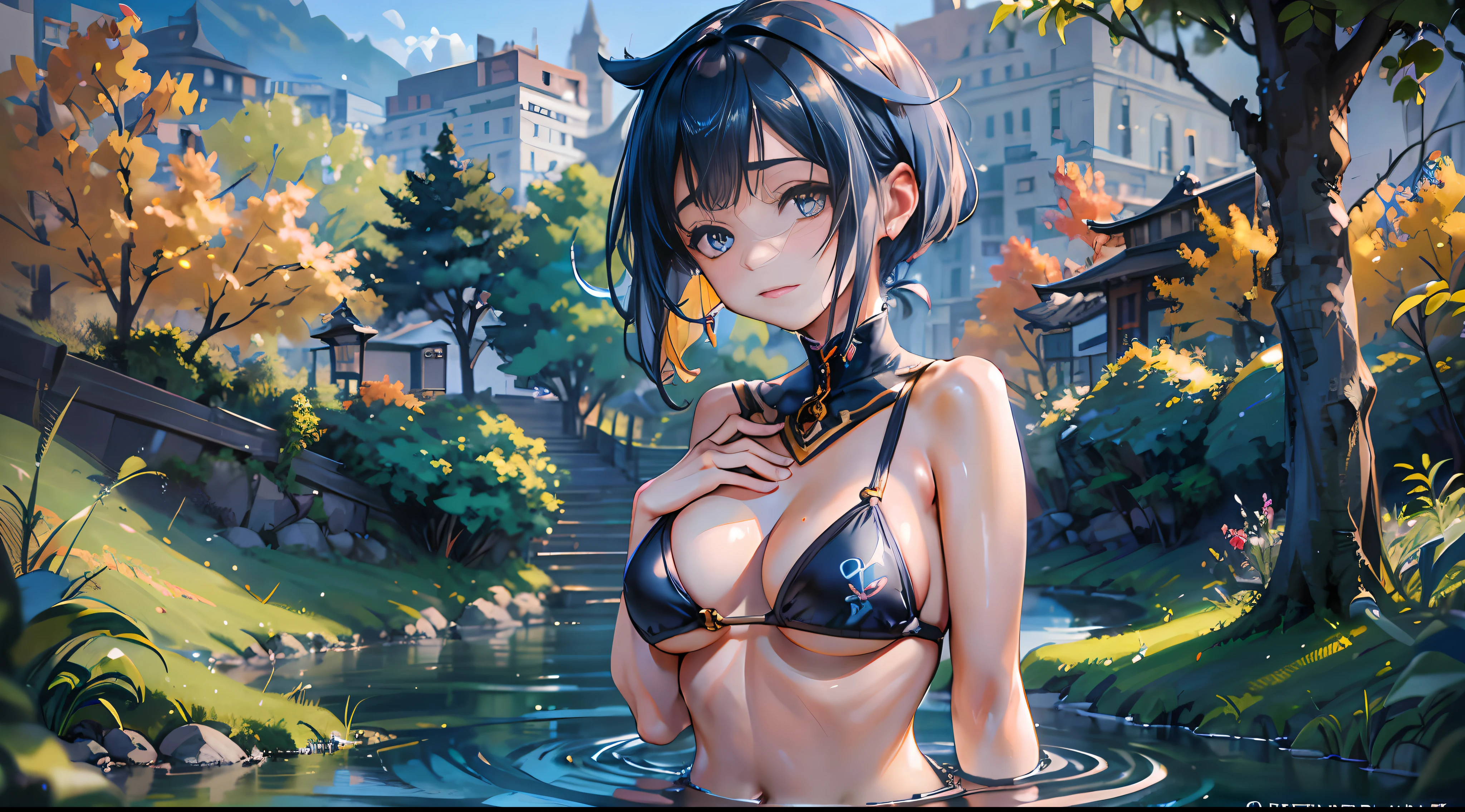 xingqiu (genshin impact), Iwhole body, (NSTDA.:1.2), (10, beste-Qualit, master-piece: 1.4), ultra-high resolution, (lifelike, photorealistic portrait: 1.48), 20 age, Cute Girl, (Look neatly through the bikini:1.11), Famous Japanese actors, Beautiful breasts, Blue Eyes, Head tilt, cowboy shot, from the side, looking at the audience, expressionless, Beautiful lake, Zeiss 150mm F/ 2.8 Hasselblad, Whole body, foot, Ultra-Wide Angle