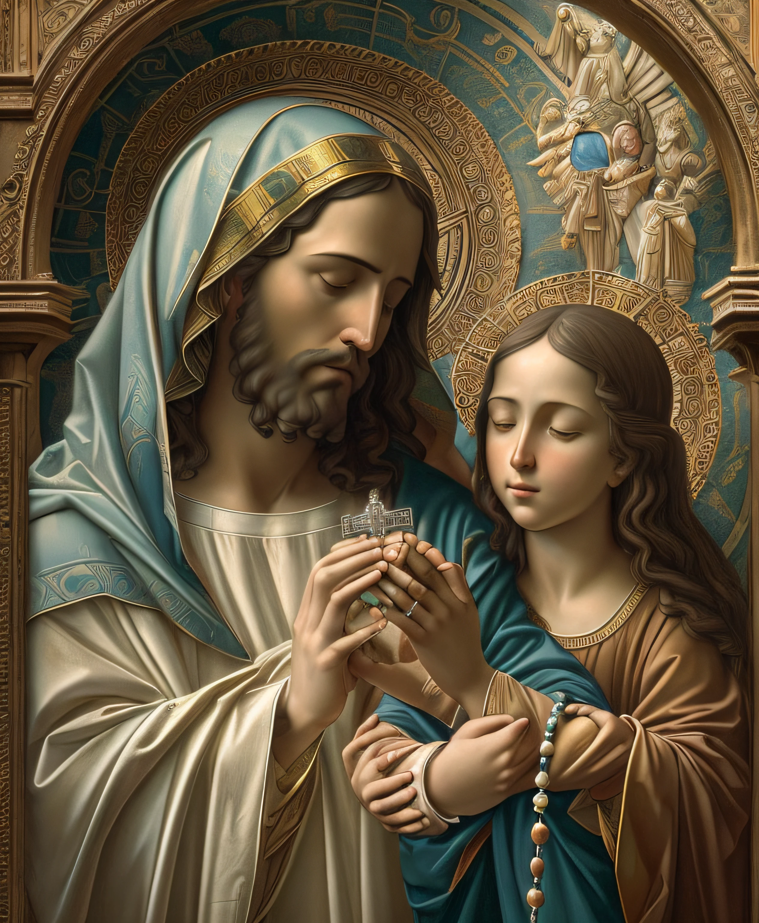 "Obra maestra de arte realista, detailed depiction of Jesus with the Virgin Mary holding a rosary while praying for the world, inmortalizada en una impactante imagen en 8k."