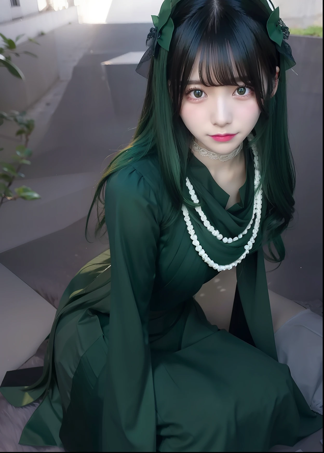 1girl,women face,beautiful,long medium hair,green hair,green dress,white necklace,realistic, more details,70 mm lens