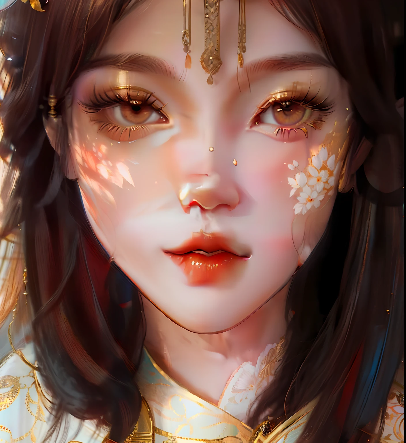best quality, masterpiece, highres, (exquisite body:1.5),gorgeous face,(milky skin:1.3),intricate details,high resolution,wallpaper,
1girl, solo, dress, hair ornament, (((gold and red dress))), flowers, long hair, brown hair, closed mouth, jewelry, long sleeves, hand up, wide sleeves, big eyes,floating hair, chinese clothes, hanfu, embroidery, long skirt, natural pose, falling petals, indoor,fanning, lantern,
16K,HDR,highres,depth field,(film grain:1.1),boken,golden hour,(lens flare),vignette,rainbowing,(color grading:1.5)