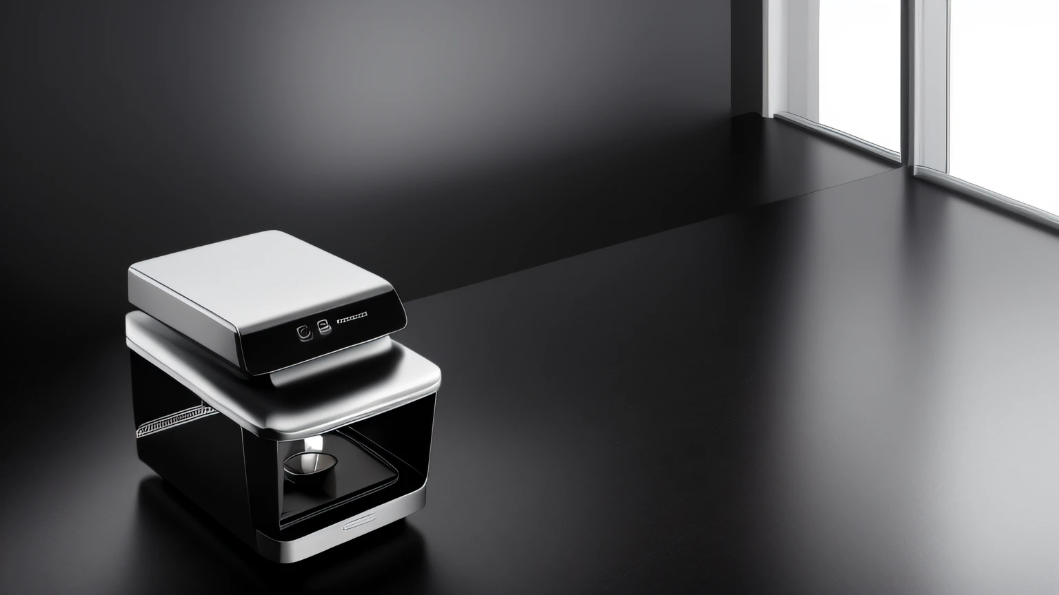 The kitchen counter has a black and silver coffee machine,Black and white countertops,Black and silver countertops,Dalof Ipukar,unreal engine rendered,computer render,hyper photorealism,