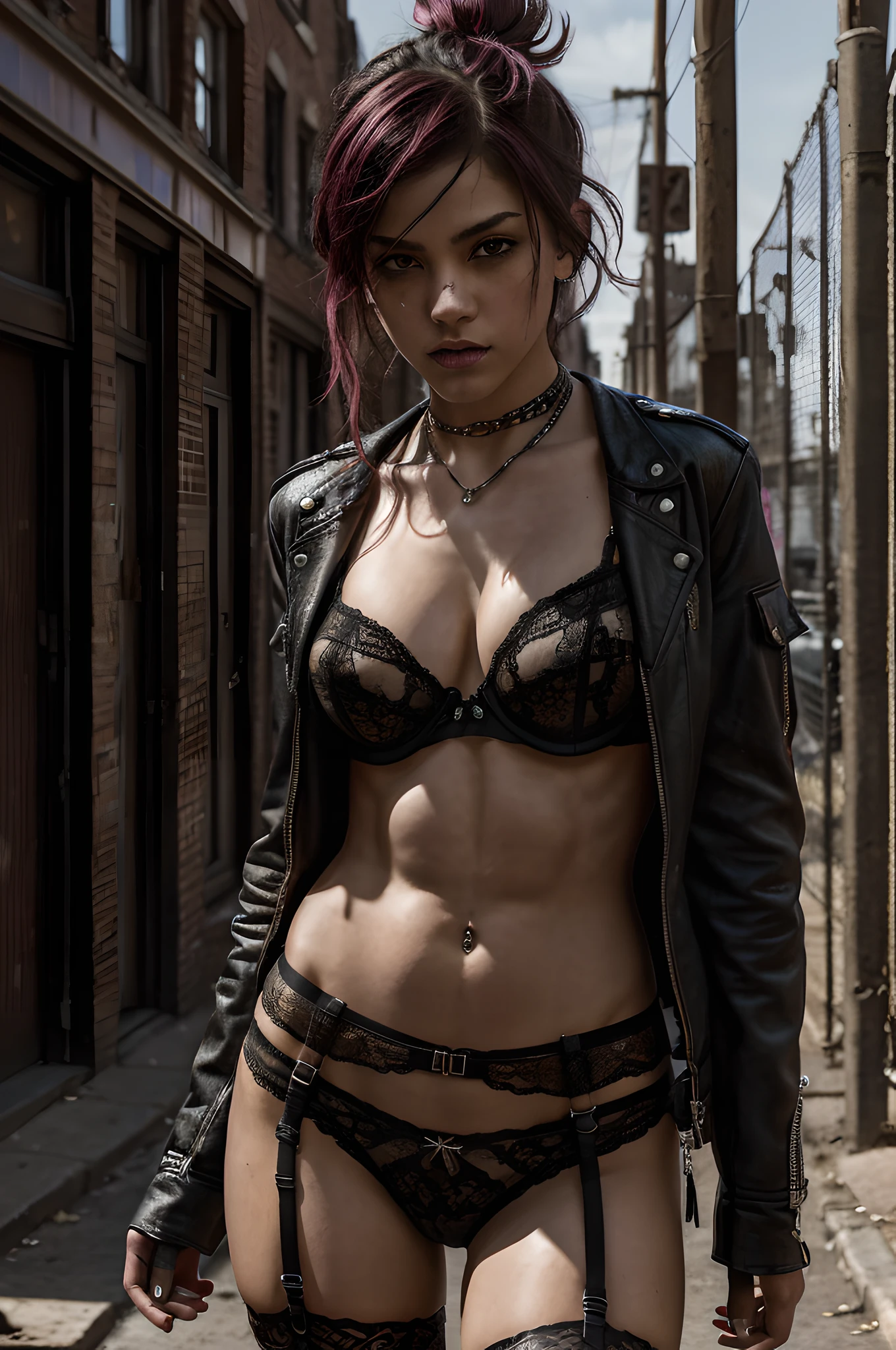 Capturing the essence of rebellion and individuality, this high-resolution portrait image portrays a young woman, lingerie, donning punk clothing, amidst the raw urban environment of a bad neighborhood. The expert use of lighting highlights the intricate details on her abs and accentuates her ultra-realistic features.