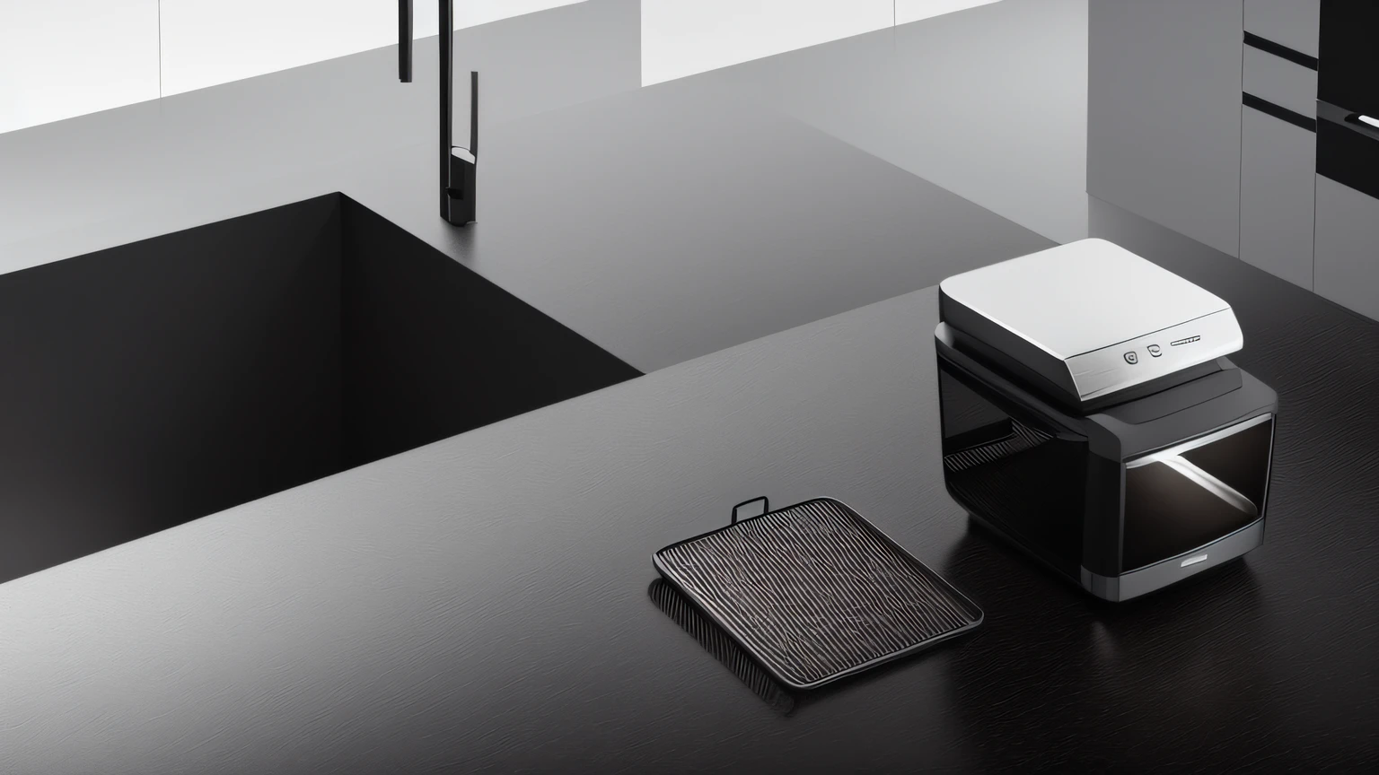 The kitchen counter has a black and silver coffee machine,Black and white countertops,Black and silver countertops,Dalof Ipukar,unreal engine rendered,computer render,hyper photorealism,