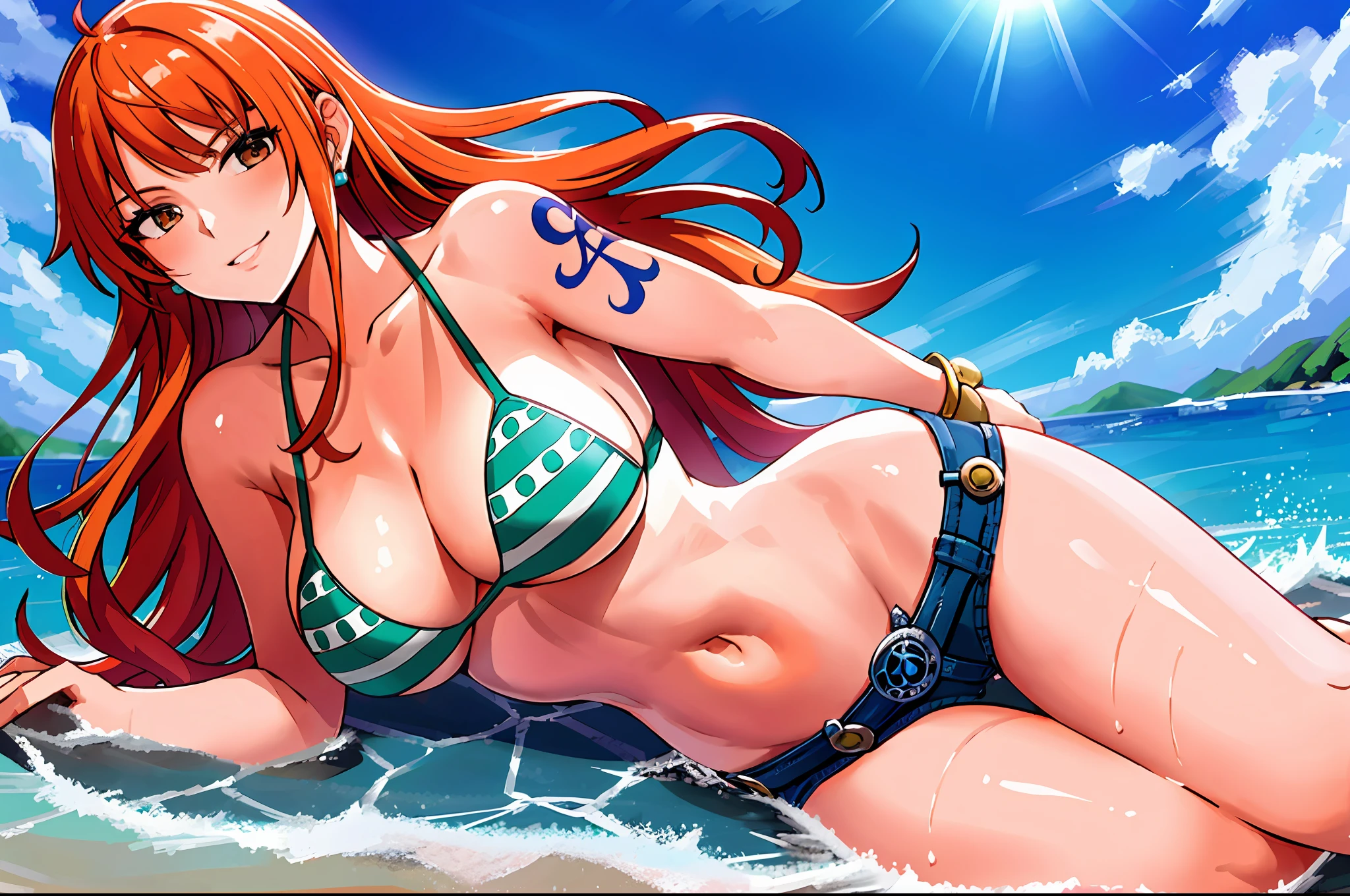 detailed background, masterpiece, 4k, epic, best quality, late youth, adult, milf, athlete body, 1girl, active, energic, ((wide open mouth, smile, lying on the ground, fully lying down, open eyes, hands spread sideway)) , solo, nami \(one piece\), 1girl, bangle, (very missy hair, tired, open mouth, feeling hot, tilting head, both hands spreadeagled, serious, hurt, glaring, open eyes, looking up, perfect detailed face, round face) bold drawing lines, muscular arms, detailed bold arm lines, flat jaw, adult woman, wavy wide streaked bangs, floating bang, (big cheeks), bare shoulders, off-shoulders, belt, bikini, bikini top only, blue sky, bracelet, springy breasts, breast lines, big round eyes, very big brown shiny eyes, bubbles, high eye position, cleavage, cloud, day, denim, earrings, floating hair, shiny hair, green belt, green bikini, bold groin lines, jeans, jewelry, medium breasts, log pose, long hair, looking at viewer, long navel, wet hair, orange hair, pants, shoulder tattoo, sidelocks, sky, solo, stomach, swimsuit, tattoo, detailed left arm, big forehead, hourglass figure, small head, toned body, wide hair, wind effect, sun effect, under the sun, narrow small ears angle, older, straight shot,