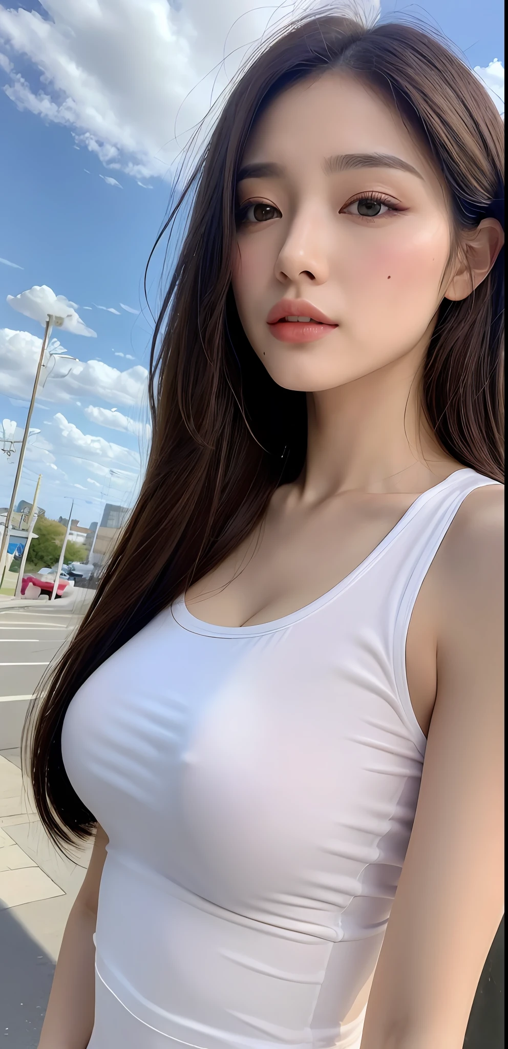 (Daytime, Excellent, 8K, Masterpiece:1.3)), Full body, Long legs, Focal length: 1.2, Perfect Body Beauty: 1.4, Slim Abs: 1.1, ((Dark Brown Hair, Big Breasts: 1.2 )), (White Skinny T-shirt, Standing: 1.2), ((City, Blue Sky and White Clouds: 1.3)), Highly detailed face and skin texture, Detailed eyes, Double eyelids,