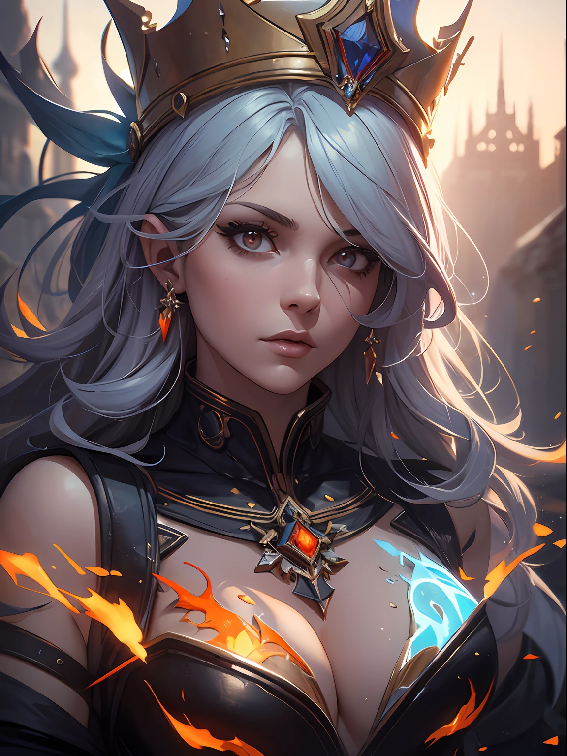 Frost and flame patterns. 3D doodle. UHD, 16k, epic royal background, big royal uncropped crown, royal jewelry, robotic, nature, full shot, symmetrical, Greg Rutkowski, Charlie Bowater, Beeple, Unreal 5, hyperrealistic, dynamic lighting, fantasy art