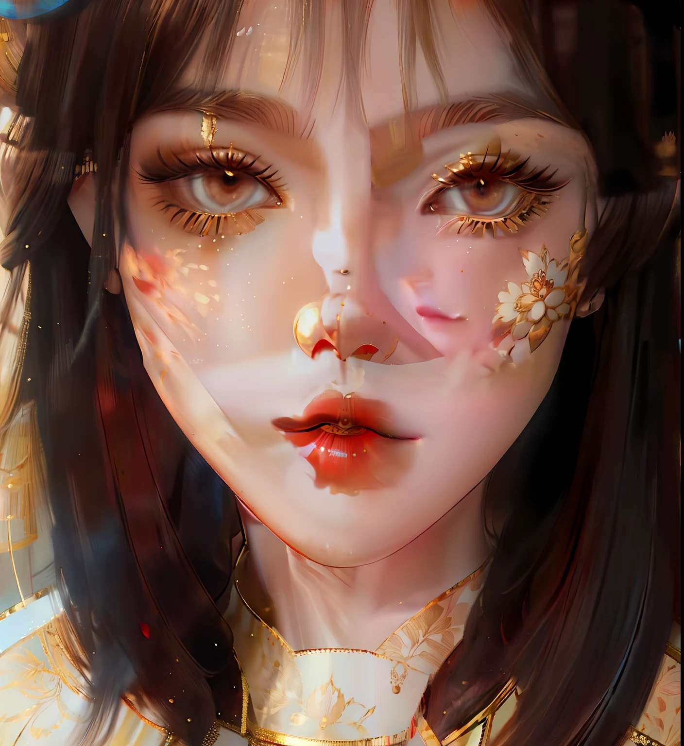 best quality, masterpiece, highres, (exquisite body:1.5),gorgeous face,(milky skin:1.3),intricate details,high resolution,wallpaper,
1girl, solo, dress, hair ornament, (((gold and red dress))), flowers, long hair, brown hair, closed mouth, jewelry, long sleeves, hand up, wide sleeves, big eyes,floating hair, chinese clothes, hanfu, embroidery, long skirt, natural pose, falling petals, indoor,fanning, lantern,
16K,HDR,highres,depth field,(film grain:1.1),boken,golden hour,(lens flare),vignette,rainbowing,(color grading:1.5)