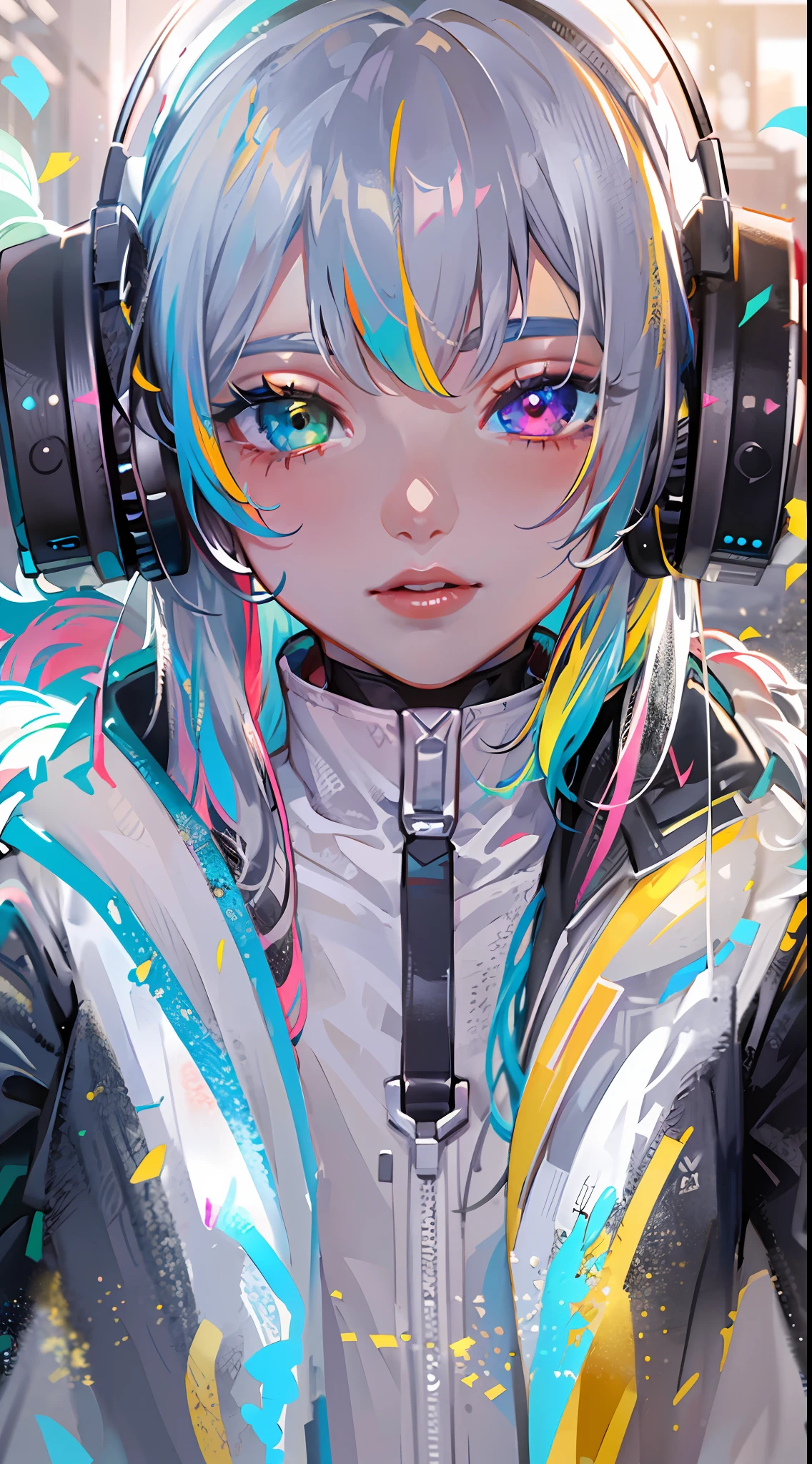 {{masterpiece}}, top-quality, Ultra detailed CG Unity 8K wallpaper, Cinematographic lighting, lensflare, Beautiful detail eyes, Coat color:white and black, colorful light, Particle, heterochromia iridis, (colourfull:1.5), (Colorful hair:1.5),Headphones on the neck,ciber