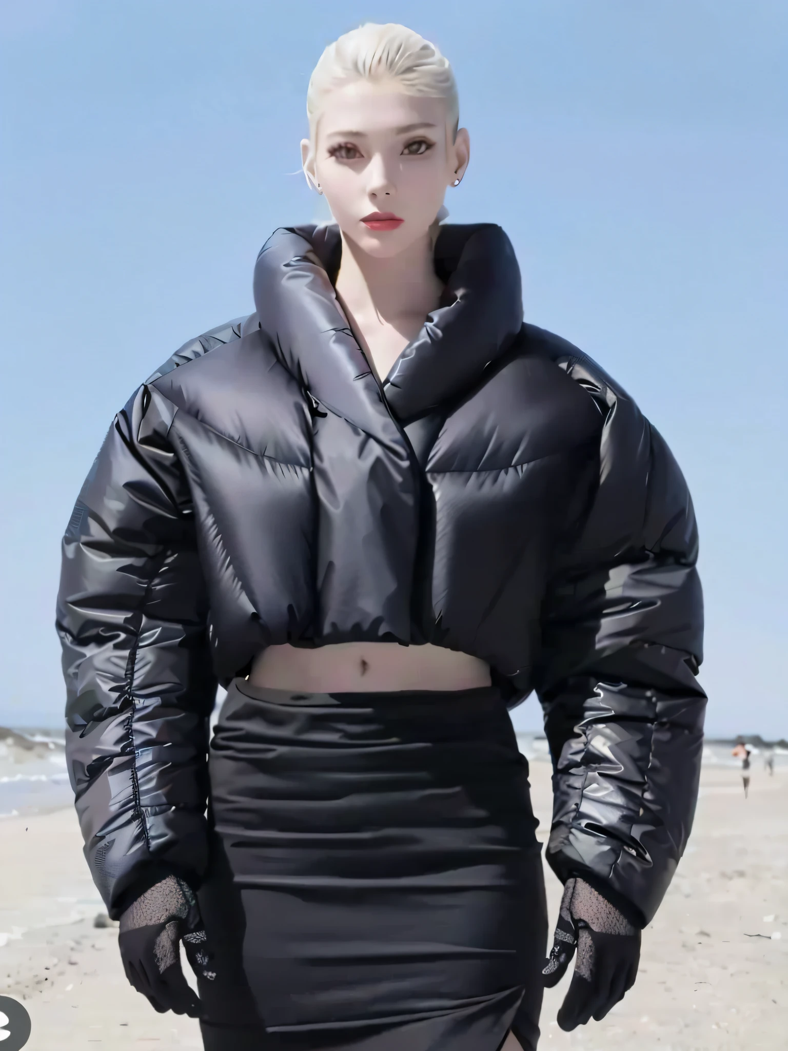 A woman in a black jacket and skirt standing on the beach, model wears a puffer jacket, future inflatable jacket, inspired by Kuno Veeber, Futuristic clothing, futuristic fashion clothing, futuristic tech wear, reflective puffy coat, jacket over bare torso, futuristic fashion, clothes from the future, futuristic tech wear, futuristic outfit