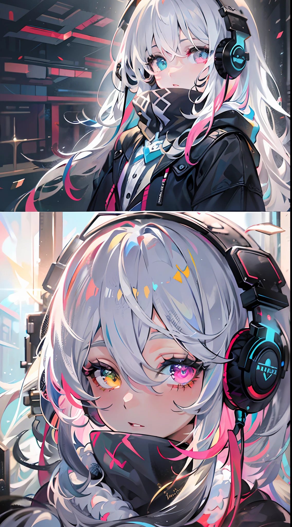 {{​masterpiece}}, top-quality, Ultra detailed CG Unity 8K wallpaper, Cinematographic lighting, lensflare, Beautiful detail eyes, Coat color:white and black, colorful light, Particle, heterochromia iridis, (colourfull:1.5), (Colorful hair:1.5),Headphones on the neck,ciber