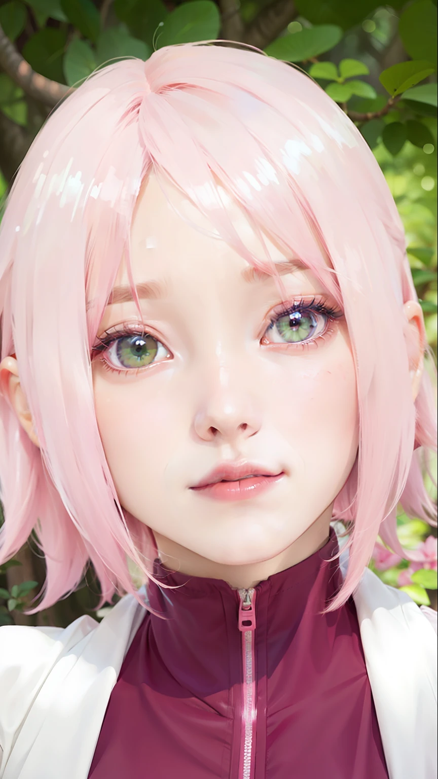 1girl, haruno sakura, pink hair, short hair, green eyes, red clothes, big breasts, blue dot on forehead jungle background, realistic, ultra detail