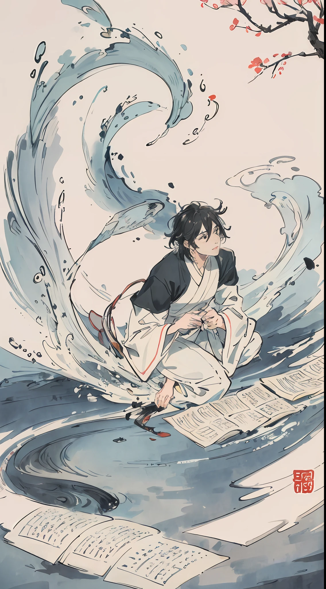 In the center of the ink pool floats a fish with a tai chi pattern,Drawn to life,It looks like it's going to swim out of the paper。Surrounded by a scholar dressed in traditional costume,He held the brush intently,Writing stroke by stroke。