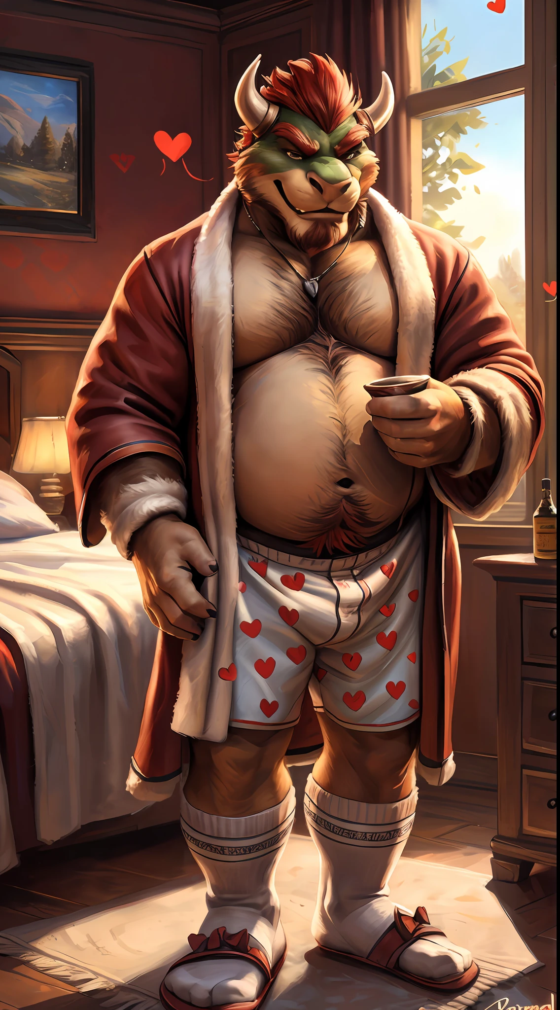 bowser, long beard, seductive smile, happy trail,smirk, (red hearts pattern white long boxers:1.4),(red bathrobe:1.3),(slippers, socks:1.2),indoors, bedroom, male focus, chubby, happy trail, fat, overweight male, obese male,(intricate, high detail, film photography, soft focus, RAW candid cinema, photorealism, realistic, photorealistic, analog style, subsurface scattering, masterpiece, best quality, ultra realistic, 8k)by bruteandbrawn, by personalami, by kenket house, drunk, seductive smile,