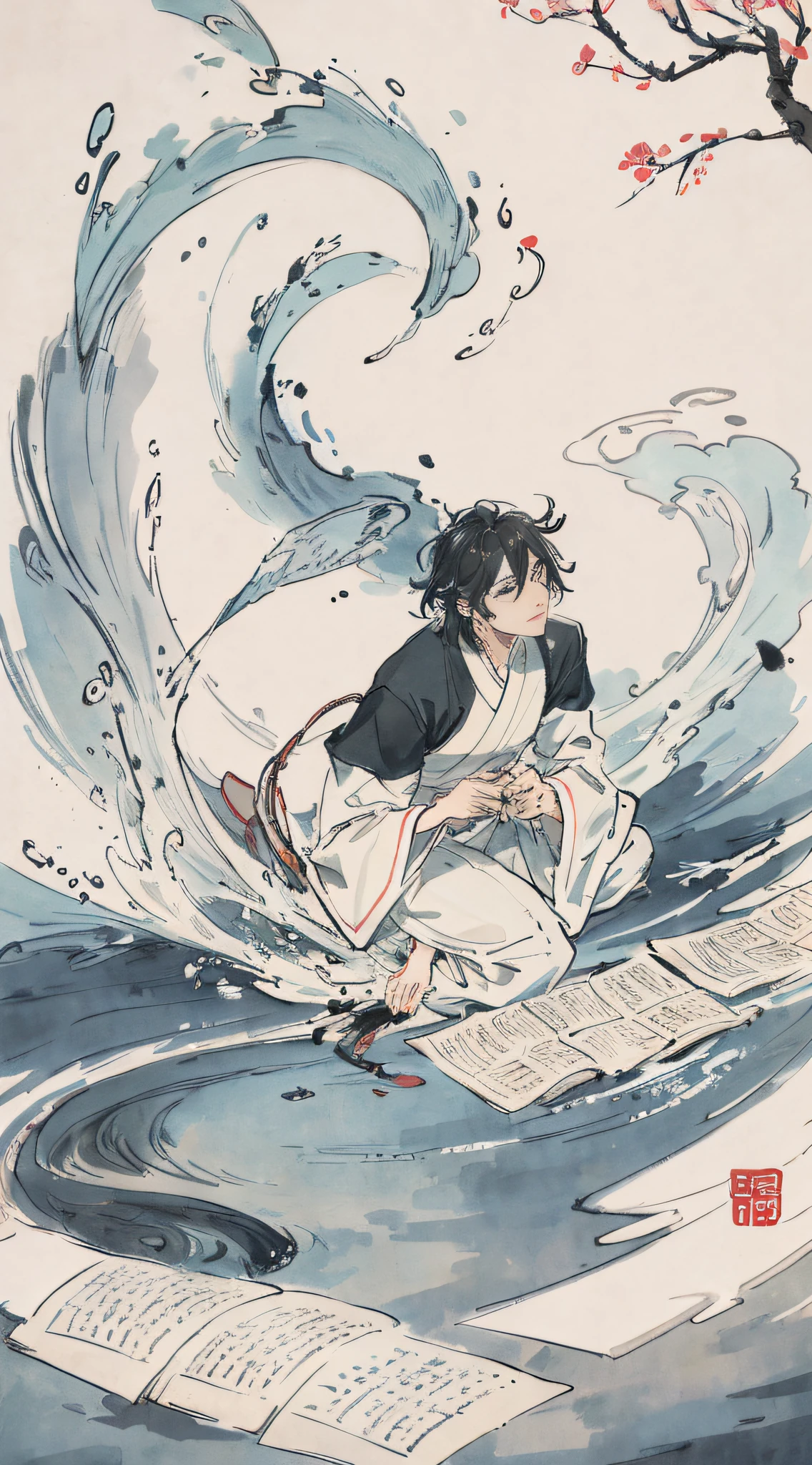 In the center of the ink pool floats a fish with a tai chi pattern,Drawn to life,It looks like it's going to swim out of the paper。Surrounded by a scholar dressed in traditional costume,He held the brush intently,Writing stroke by stroke。