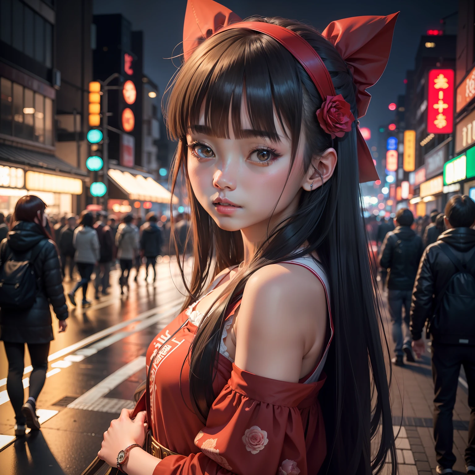 1girll,On the streets of Tokyo,the night,Show the cityscape and lights。Capture the upper body with a close-up。The quality of the photo is 8k RAW photos,Best Picture Quality,It's a masterpiece。This is a realistic depiction,The girl wears a red rose headdress,Split bangs,Has long hair。