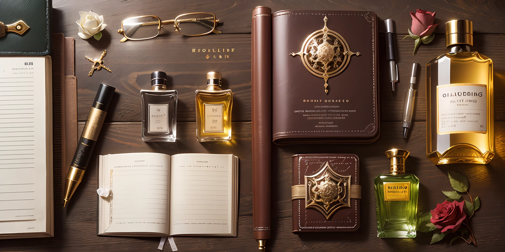 Knolling layout, Many parts, Character sheet, Highly detailed, Depth, No Figures, perfume glass bottle, white rose, book, text, magazine title
