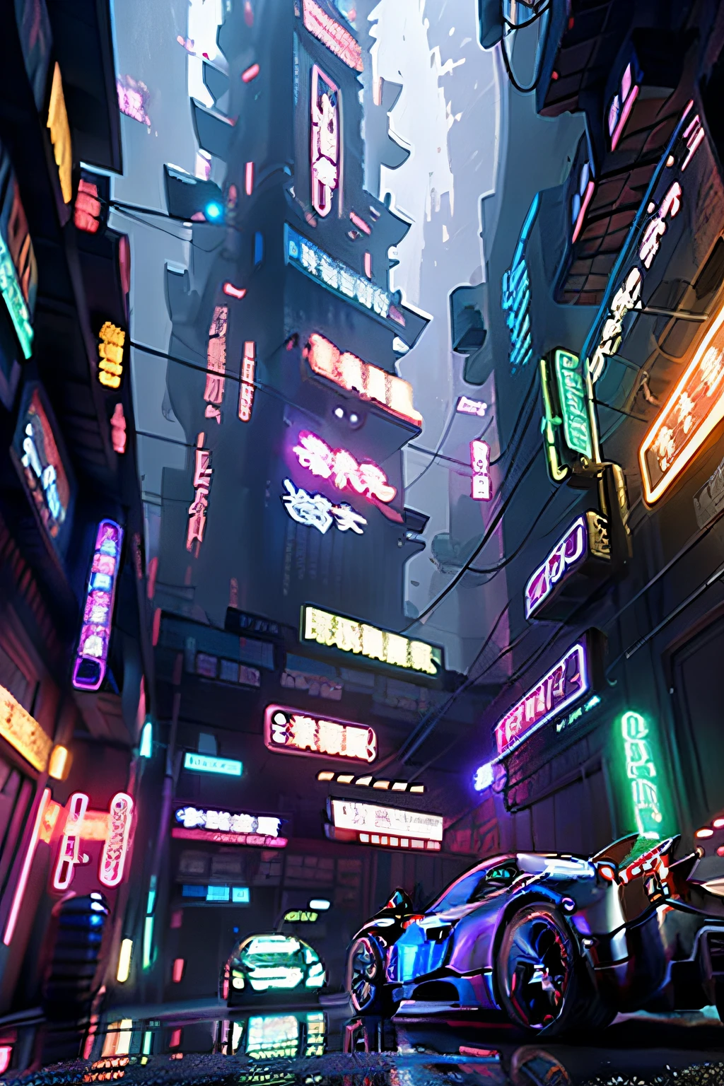 Hongya Cave, Chongqing，cyber punk perssonage，The vehicle is in the air，The lights are colorful，neonlight，Buildings