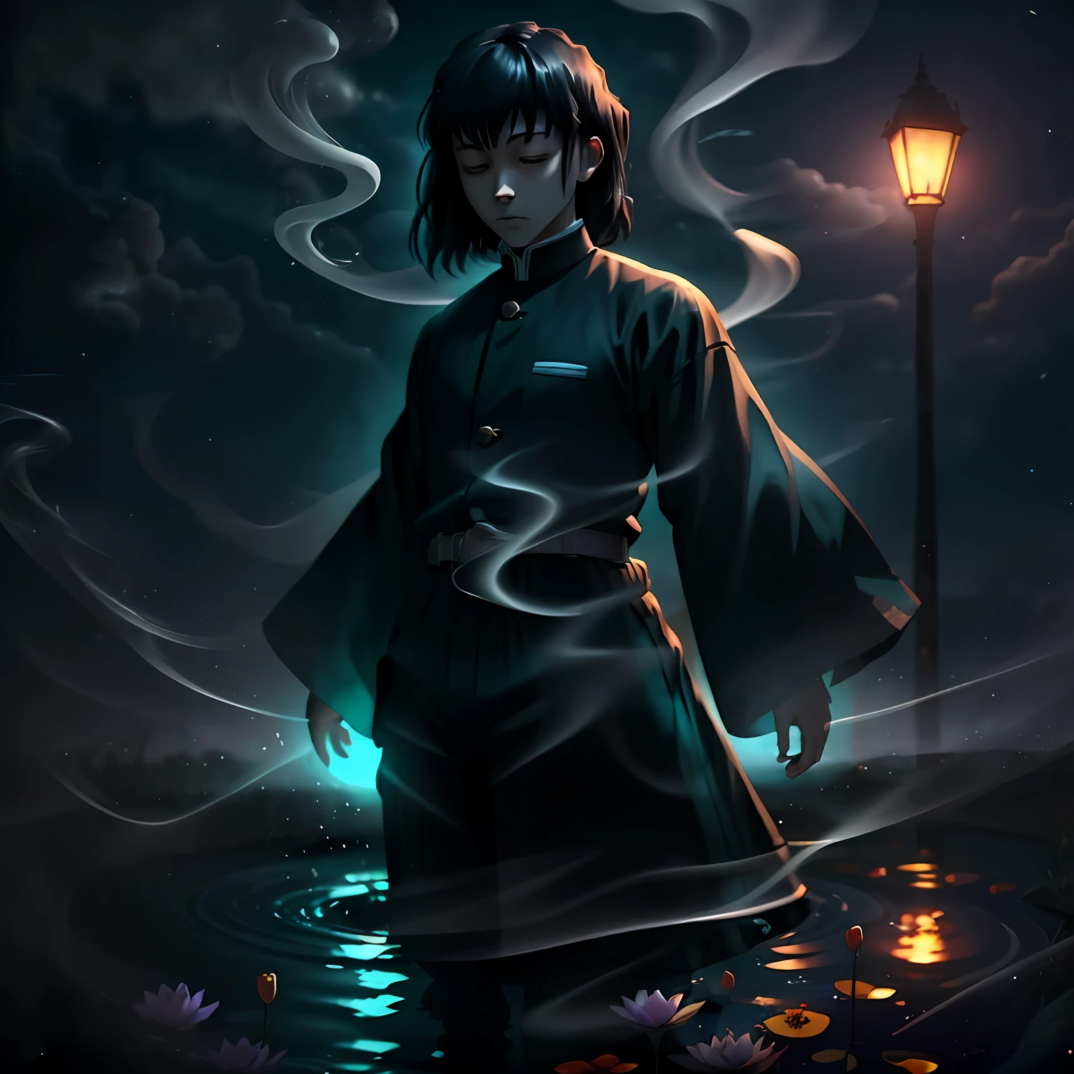 close up, man, black hair, ghost, dark, gothic, 3D, ultra detailed, blue transparent smoke around, realistic style, Pond the old night, full body,