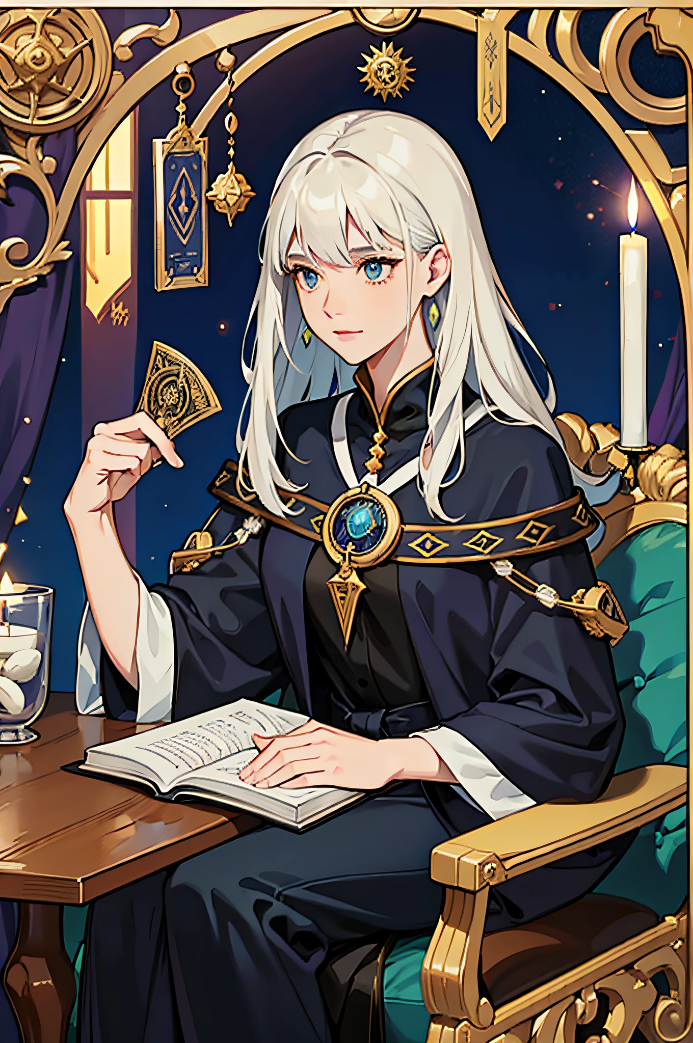 (tmasterpiece):Beautiful and mysterious soothsayer sitting at the table,Messy tarot cards on the table,Holding a candle and a book, portrait of a female mage, female mage conjuring a spell, portrait of a mage, fantasy mage, portrait of a sorceress, dark fantasy female magician, closeup portrait of an mage, beautiful female witch, beautiful female witch, portrait of female sorcerer, female mage