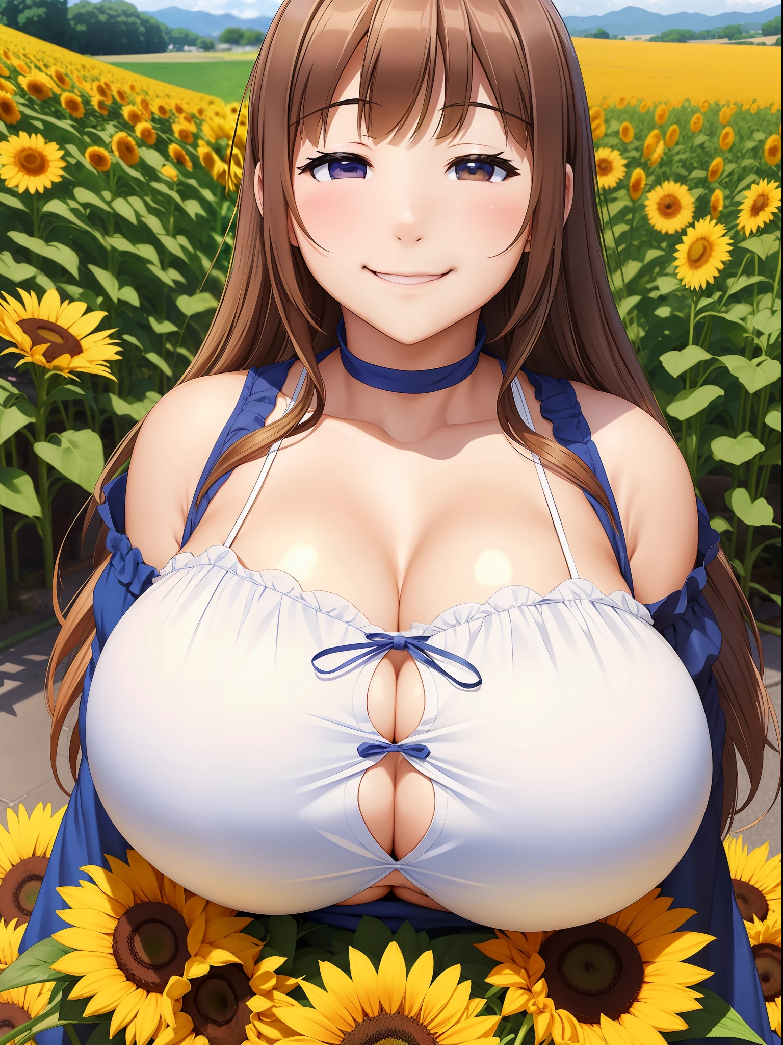 ひまわり🌻と美女、(Super Huge boobs 1.9),smile,