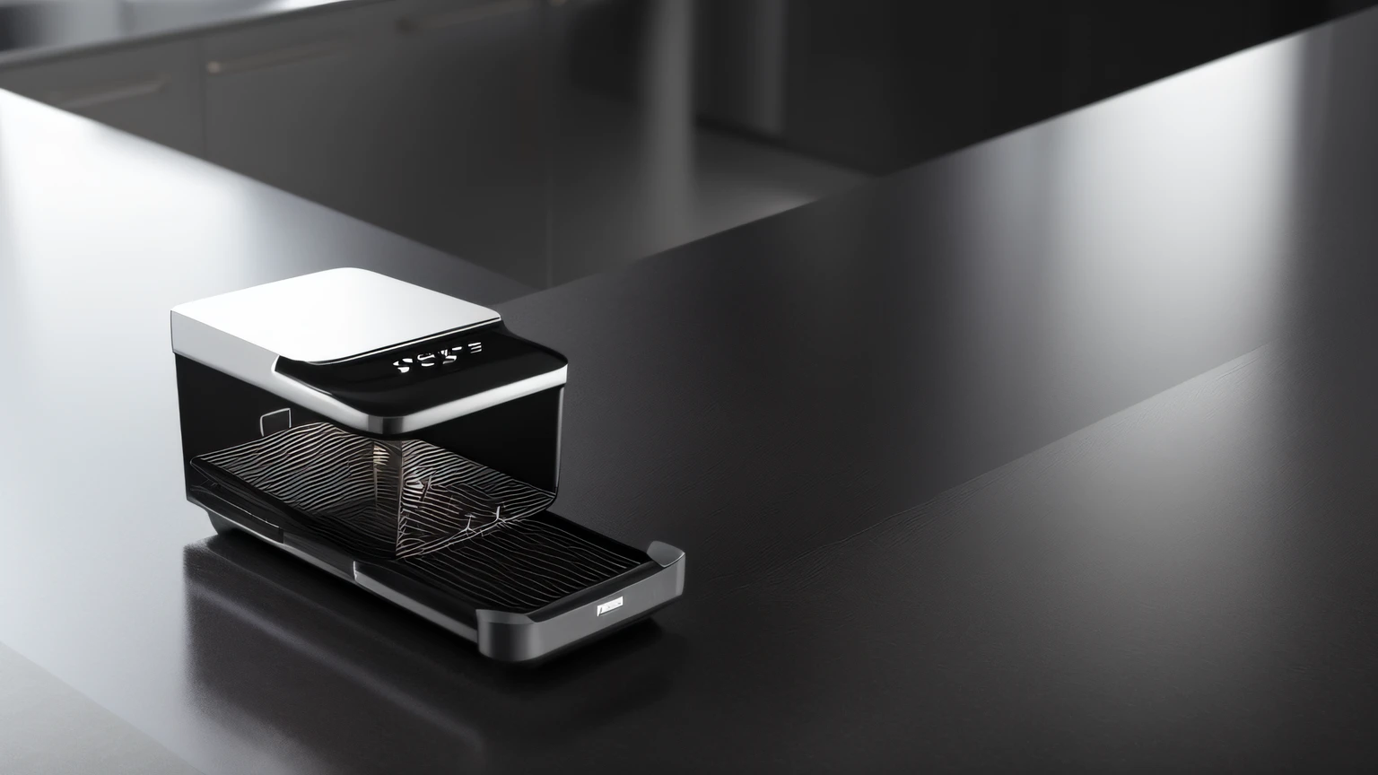 The kitchen counter has a black and silver coffee machine,Black and white countertops,Black and silver countertops,Dalof Ipukar,unreal engine rendered,computer render,hyper photorealism,
