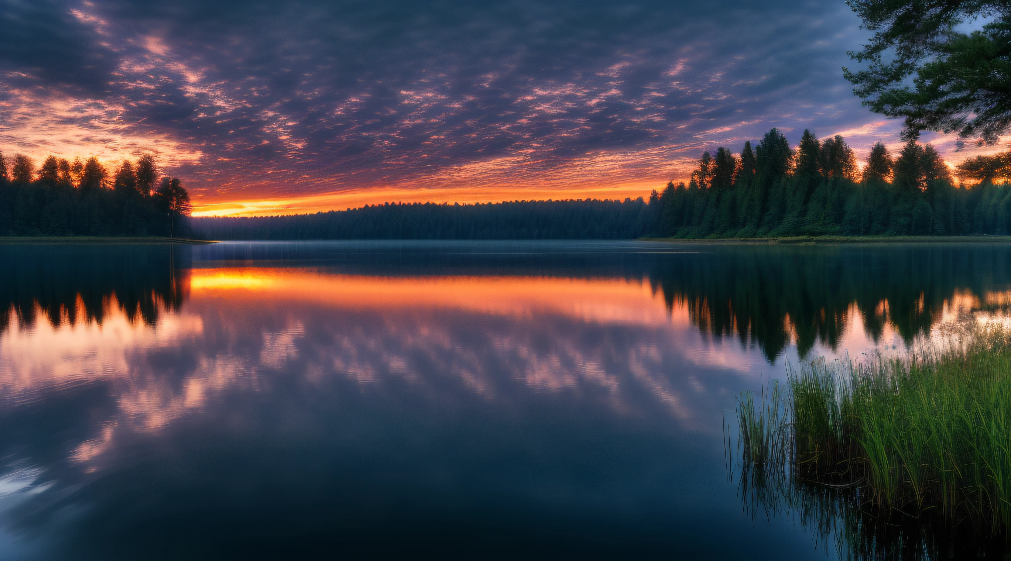 Wallpaper, summer, lake, dawn, forest, clouds, dawn background, depth of field, HD detail, hyperdetail, cinematic, soft light, deep field focus bokeh, ray tracing, diffuse (ultra-fine glass reflection) and realism. --v6