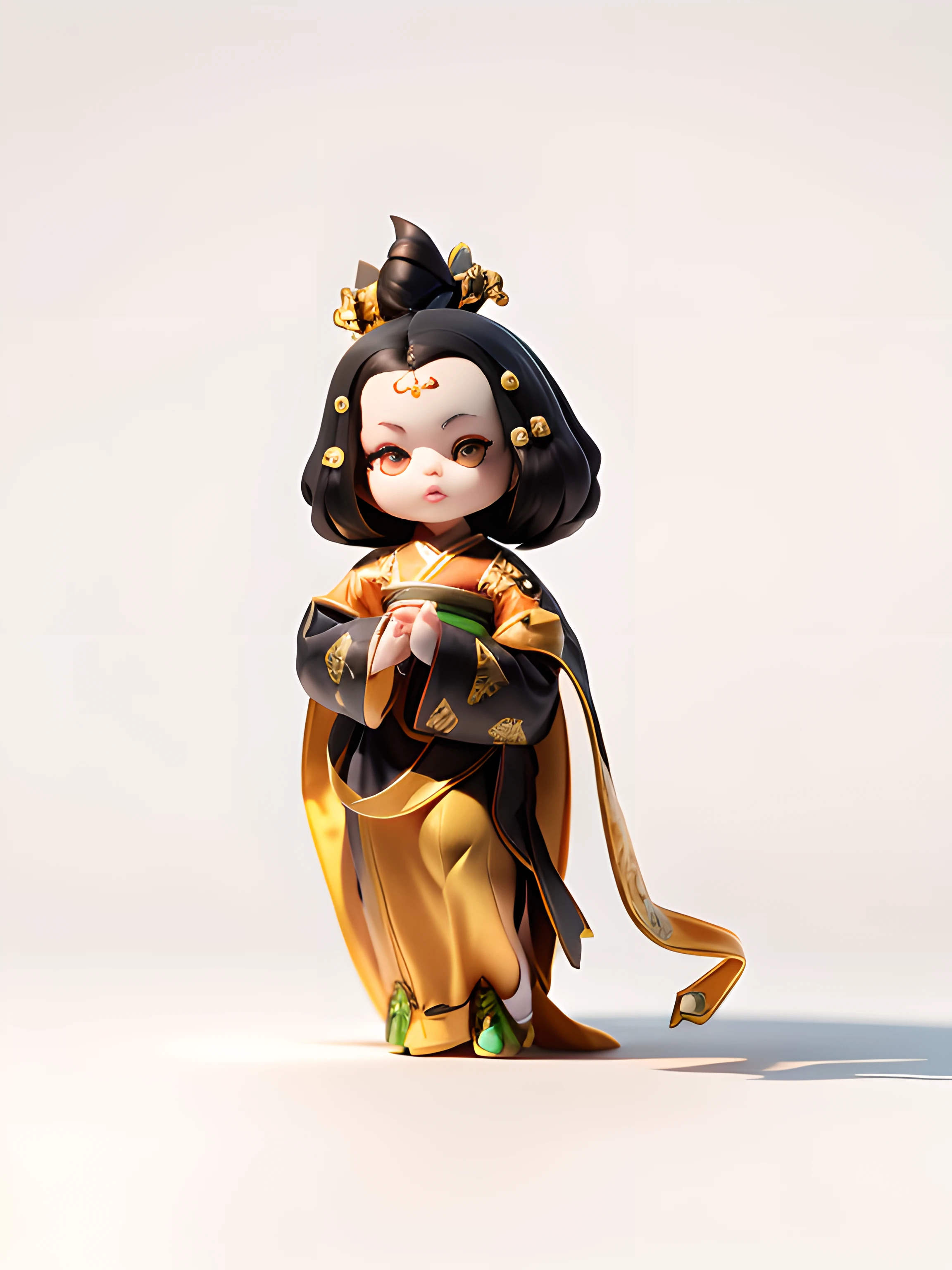 ((White background)) (8K, RAW photo, Best quality, Masterpiece),(Photon mapping radiosity, Physically-based rendering, automatic white balance),CG,Unity,offcial art,Amazing,finedetail,An extremely delicate and beautiful,Extremely detailed,3D,rendering,C4D,blender,octanerender,popular toys, a blind box toy, Chinese woman of the Tang Dynasty，Symmetrical hair accessories，Hairpins，Gold framed，Black eyeballsBlack eyes:2，Black color hair:2,Short eyebrows black，Small lips,Orange-yellow clothes:2,Green shoes