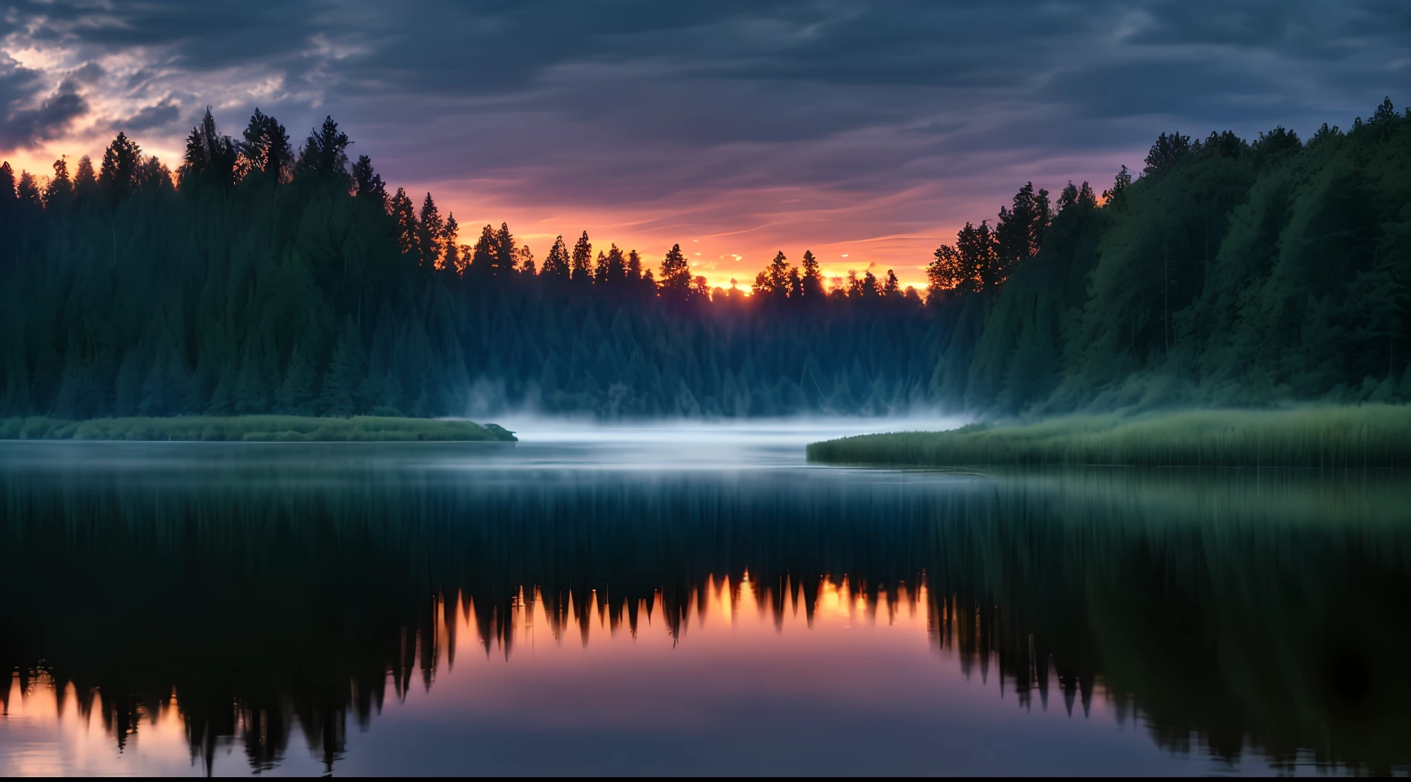 Wallpaper, summer, lake, dawn, forest, clouds, dawn background, depth of field, HD detail, hyperdetail, cinematic, soft light, deep field focus bokeh, ray tracing, diffuse (ultra-fine glass reflection) and realism. --v6