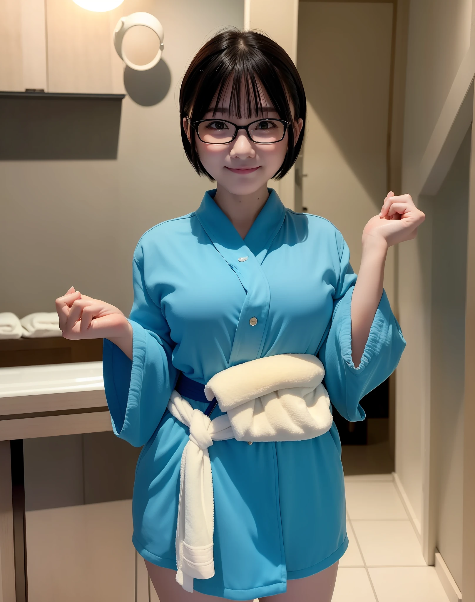 a short bob、eye glasses、Colossal tits、Slimed、爆乳、A smile、high-level image quality、a baby face、elementary student、Young Face、bath robe、without makeup、Matching bangs、No accessories、1 persons、独奏、