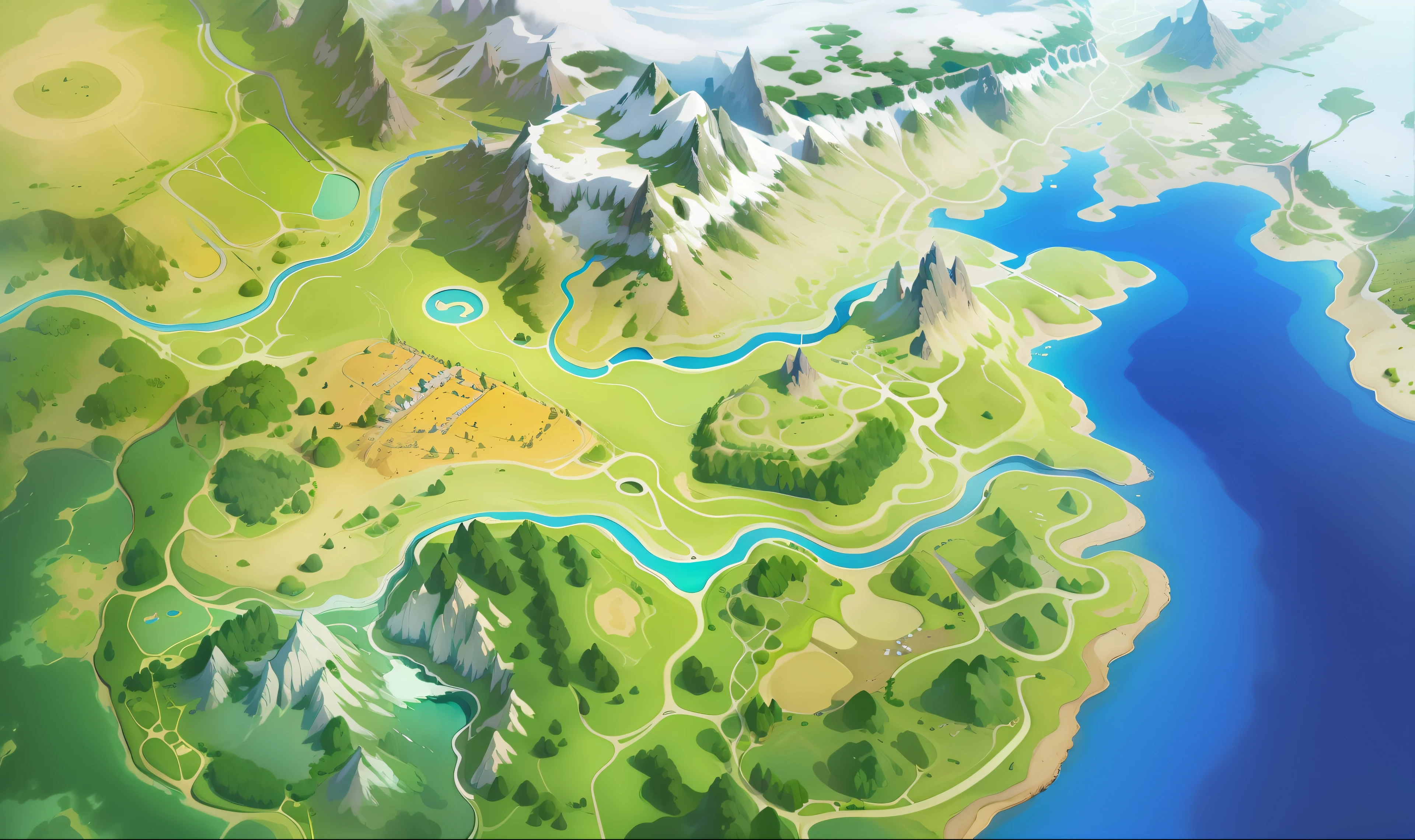 best quality, master piece, aerial photo, environment concept art, game environment, isometric, (aerial view), (landscape illustration of aerial view, mountaint, river, road, land, sea), master pieace, (anime render style), (beautiful aerial view), beutiful art work (super detailed rendering), (best quality)