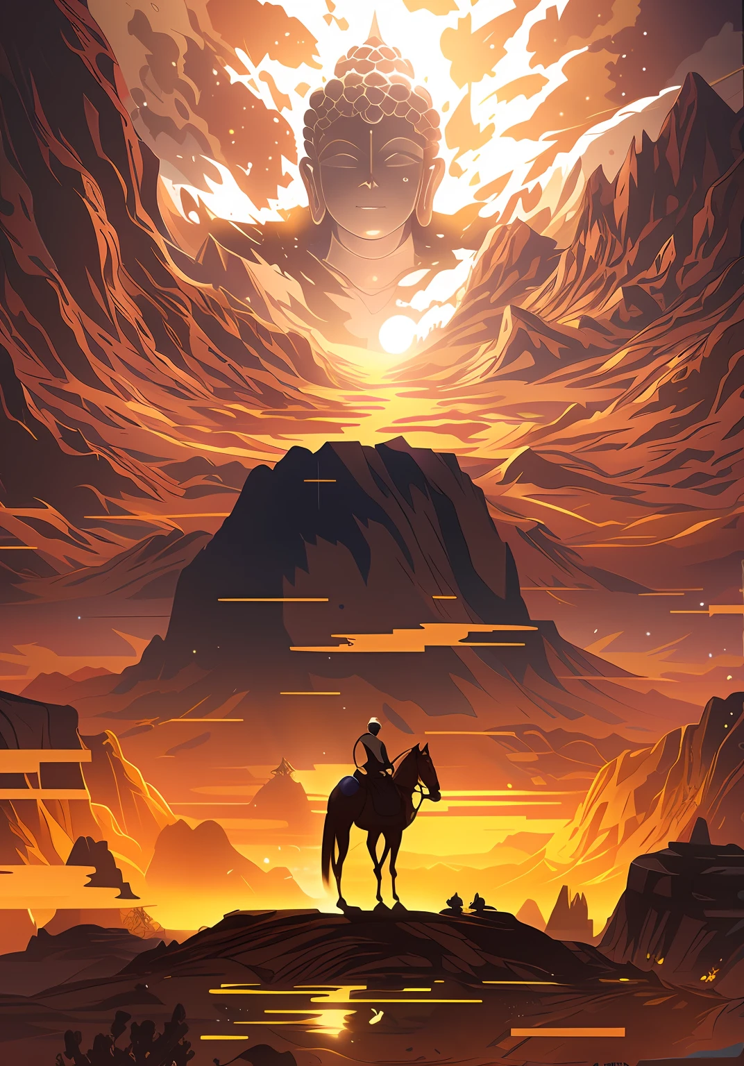 late sunset,There was a man riding a horse in the desert, Anime epic artwork, Epic fantasy digital art style, Anime art wallpaper 4k, Anime art wallpaper 4 K, Anime fantasy illustration, Anime art wallpaper 8 K, Epic fantasy art style, 4K anime wallpaper, Epic fantasy art style HD, Anime fantasy artwork, 2. 5 D CGI anime fantasy artwork,There is a huge Buddha in the sky in the distance