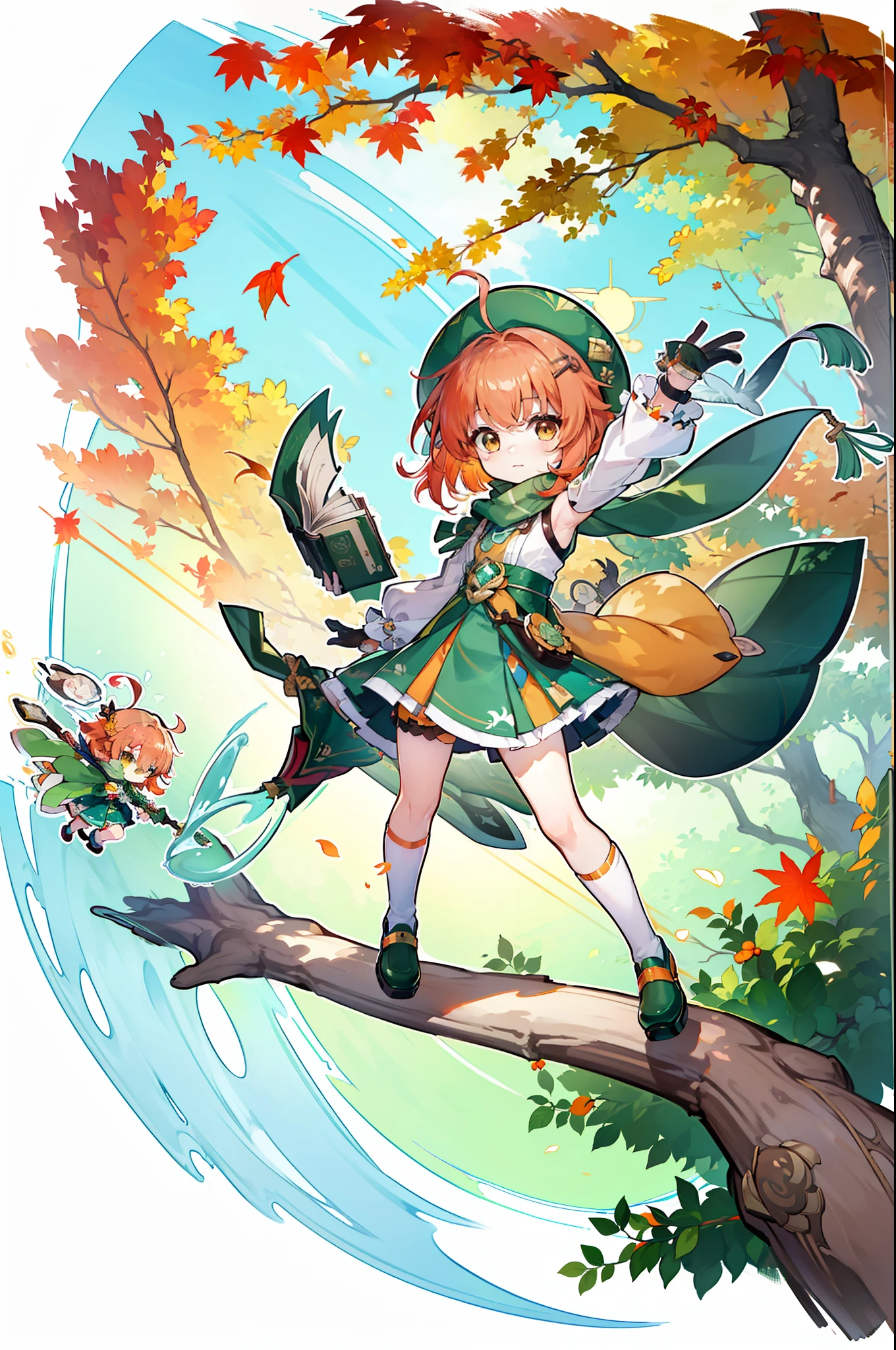 (masterpiece), best quality, expressive eyes, perfect face, ((small, cartoon, anime)), happy, tiny, cute, young girl, short hair, simple design, bangs, ((green hat, brown sling bag, green scarf, gloves, skirt, shoes)) young, ((brown eyes, green reflections, orange highlights)), (unique outfit, patterns, long cape, tree design on skirt, long-sleeved with leaves, cuffs, knee high socks, shirt asymmetry, orange hair, hair pin, flying book), fullbody, full body, splash screen, (swirling background, dynamic scene, autumn, ahoge) 18th century clothing, genshin impact, green ivy cap, green hat, sling bag, ((young girl, , young lady, loli, chibi, small, tiny, cute))