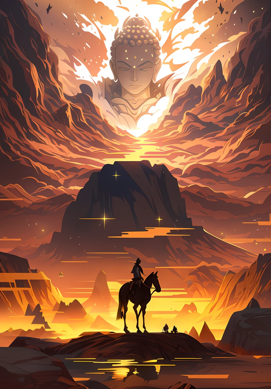 late sunset,There was a man riding a horse in the desert, Anime epic artwork, Epic fantasy digital art style, Anime art wallpaper 4k, Anime art wallpaper 4 K, Anime fantasy illustration, Anime art wallpaper 8 K, Epic fantasy art style, 4K anime wallpaper, Epic fantasy art style HD, Anime fantasy artwork, 2. 5 D CGI anime fantasy artwork,There is a huge Buddha in the sky in the distance