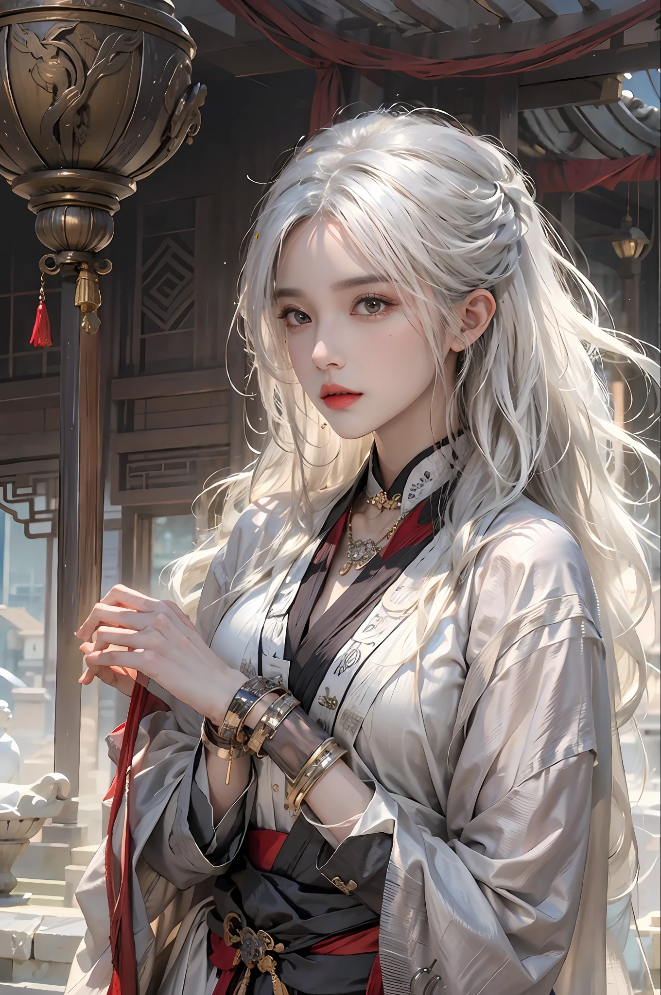 photorealistic, high resolution, 1women, solo, hips up, look at viewer, (detailed face), white hair, long hair, Taoist robe,oversized clothes, jewelry, midjourney portrait