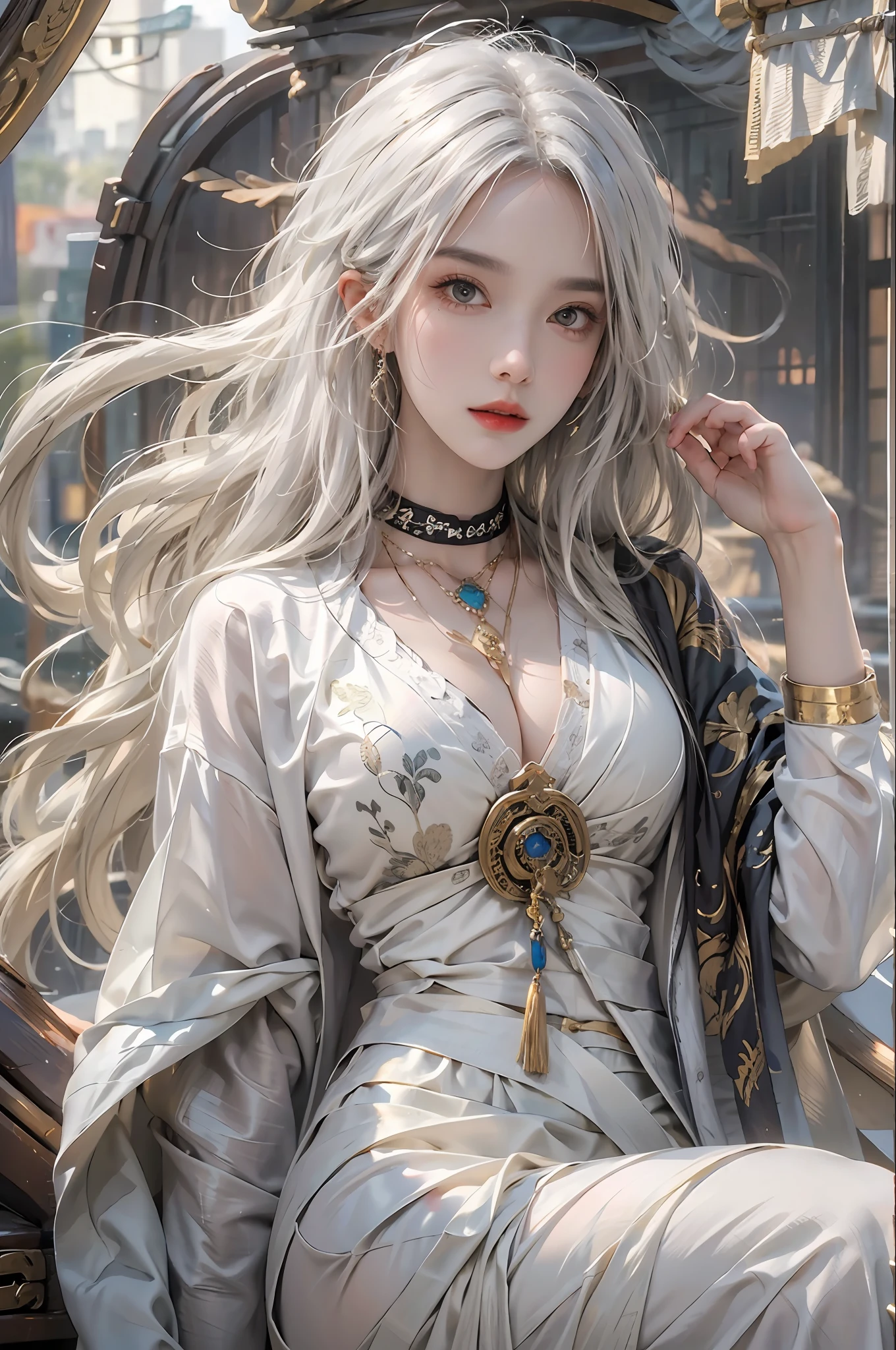 photorealistic, high resolution, 1women, solo, hips up, look at viewer, (detailed face), white hair, long hair, Taoist robe,oversized clothes, jewelry, midjourney portrait