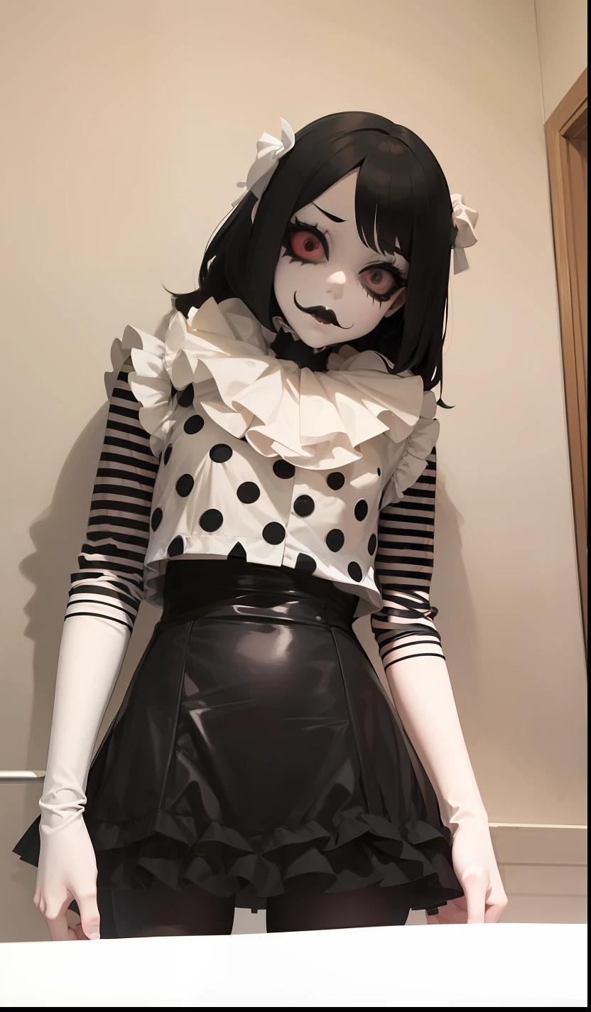 girl wearing a marionette mask, scary black and white clothing, scary marionette mask, demon spirit, scary, marionette mask, pitch black eyes, wavy black hair, luscious thick lips, scary mask