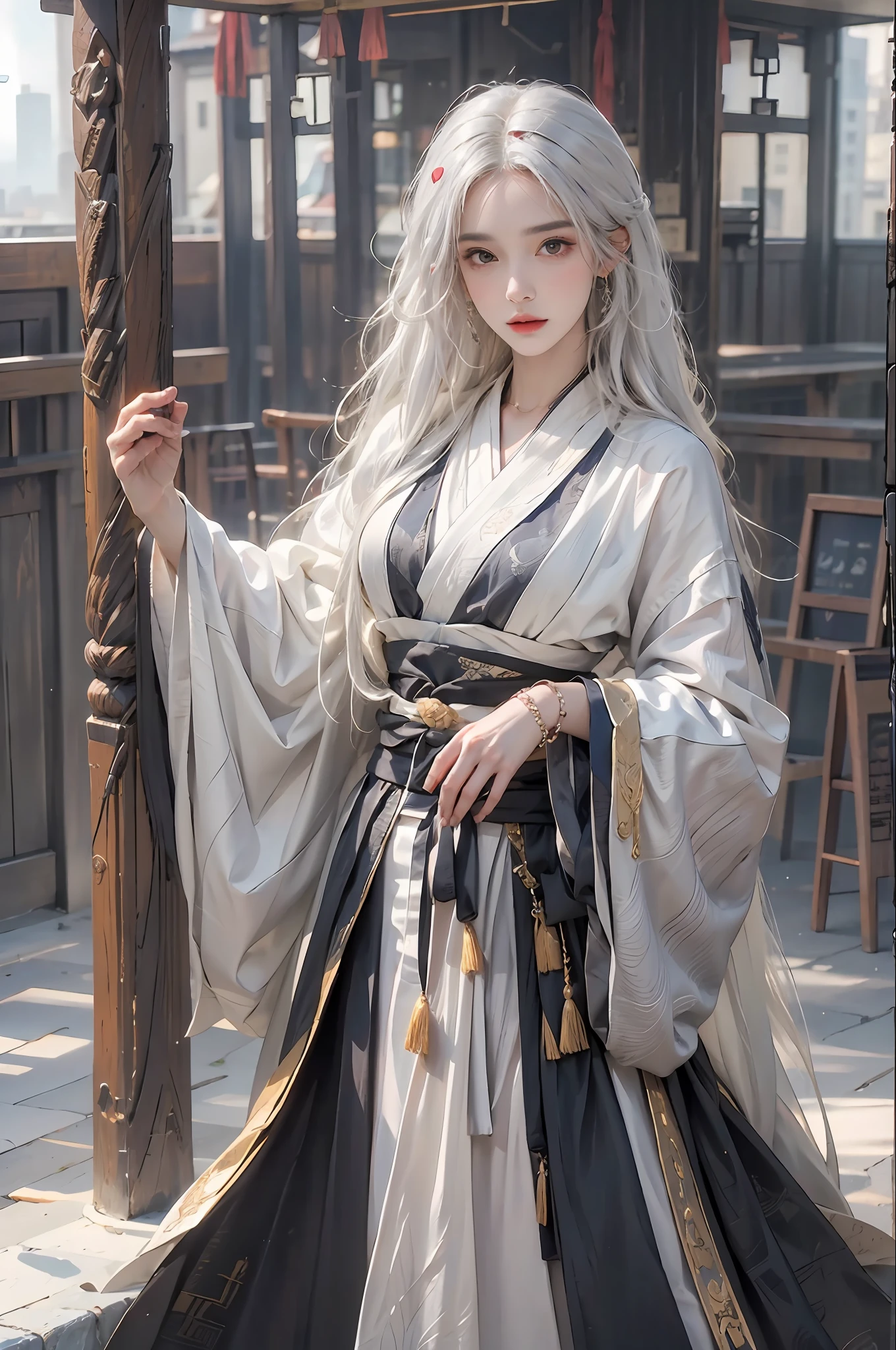 photorealistic, high resolution, 1women, solo, hips up, look at viewer, (detailed face), white hair, long hair, Taoist robe,oversized clothes, jewelry, midjourney portrait