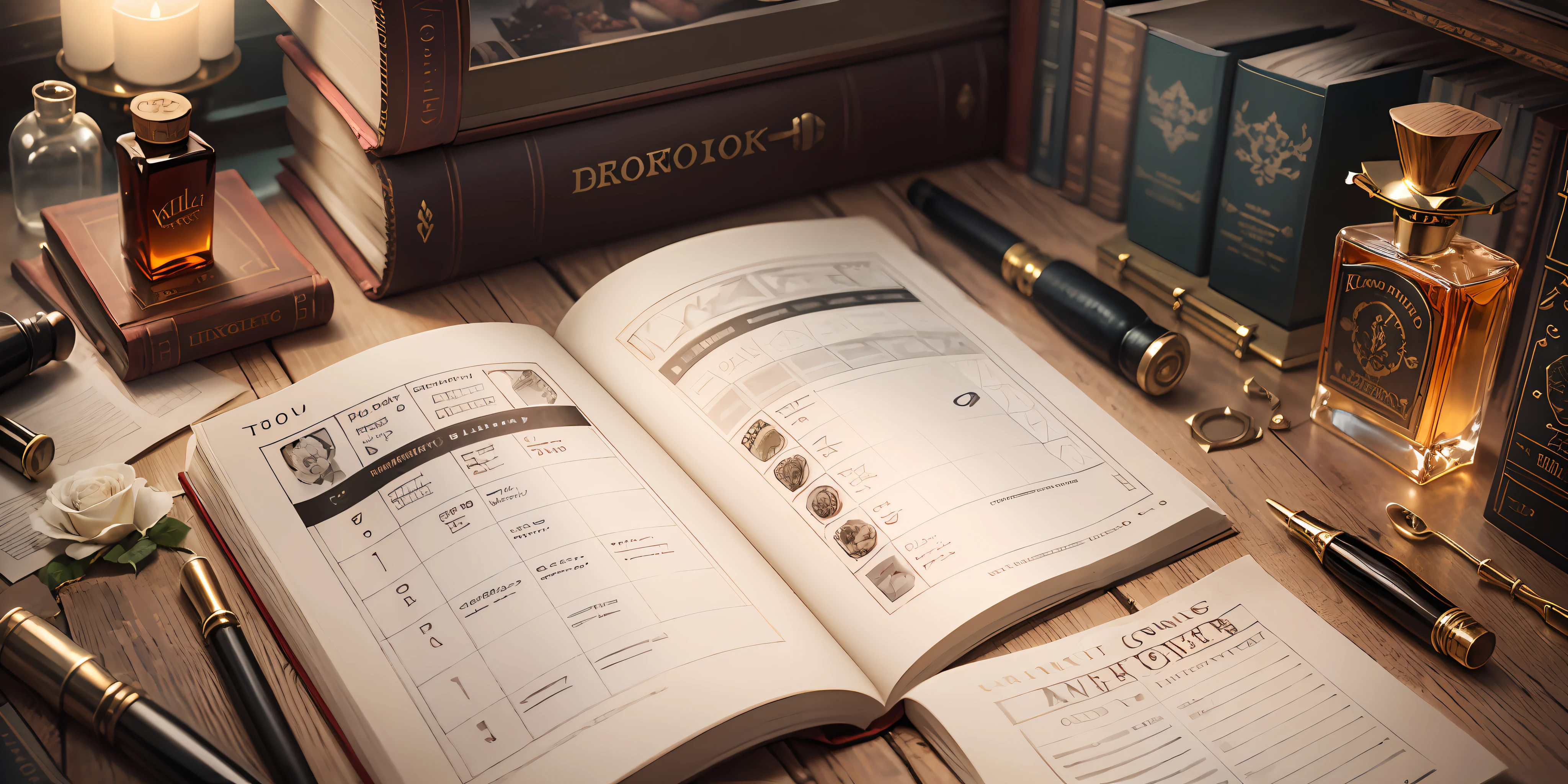 Knolling layout, Many parts, Character sheet, Highly detailed, Depth, No Figures, perfume glass bottle, white rose, book, text, magazine title