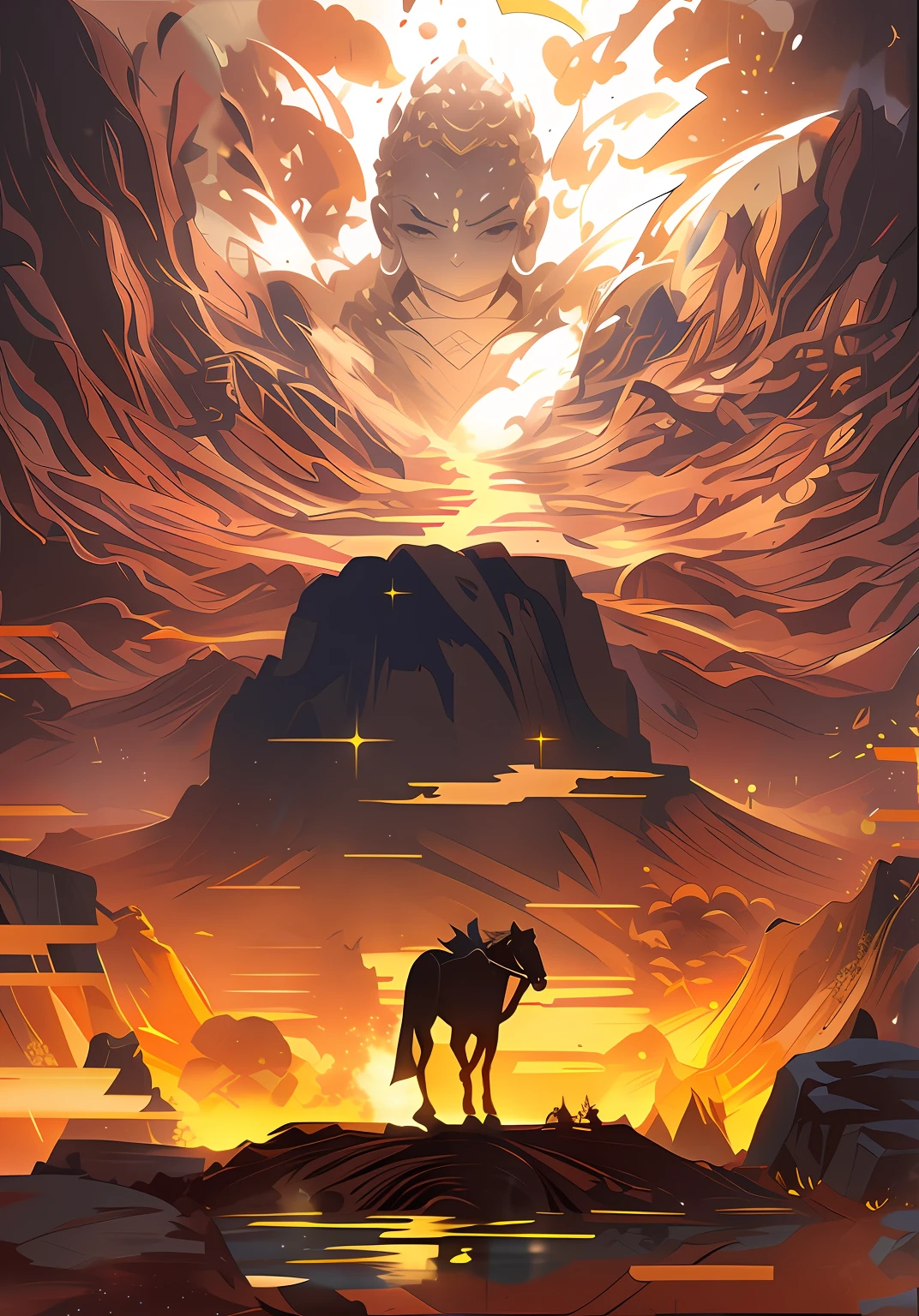 late sunset，There was a man riding a horse in the desert, Anime epic artwork, Epic fantasy digital art style, Anime art wallpaper 4k, Anime art wallpaper 4 K, Anime fantasy illustration, Anime art wallpaper 8 K, Epic fantasy art style, 4K anime wallpaper, Epic fantasy art style HD, Anime fantasy artwork, 2. 5 D CGI anime fantasy artwork，In the distance, there is a huge Buddha statue in the sky