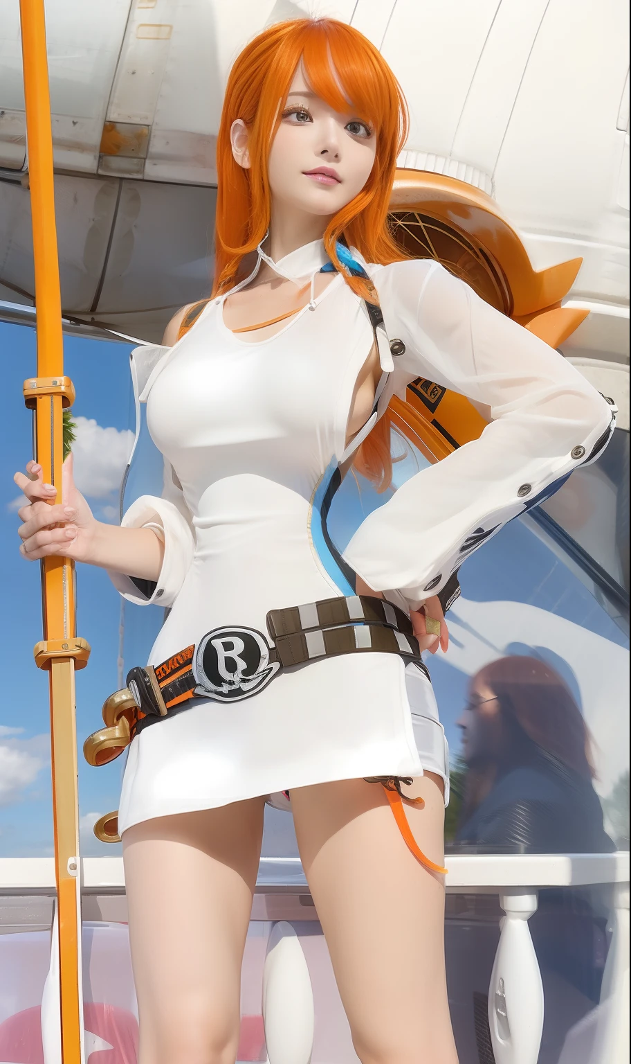 1girl, nami one piece,realistic,ultra detail,orange hair,