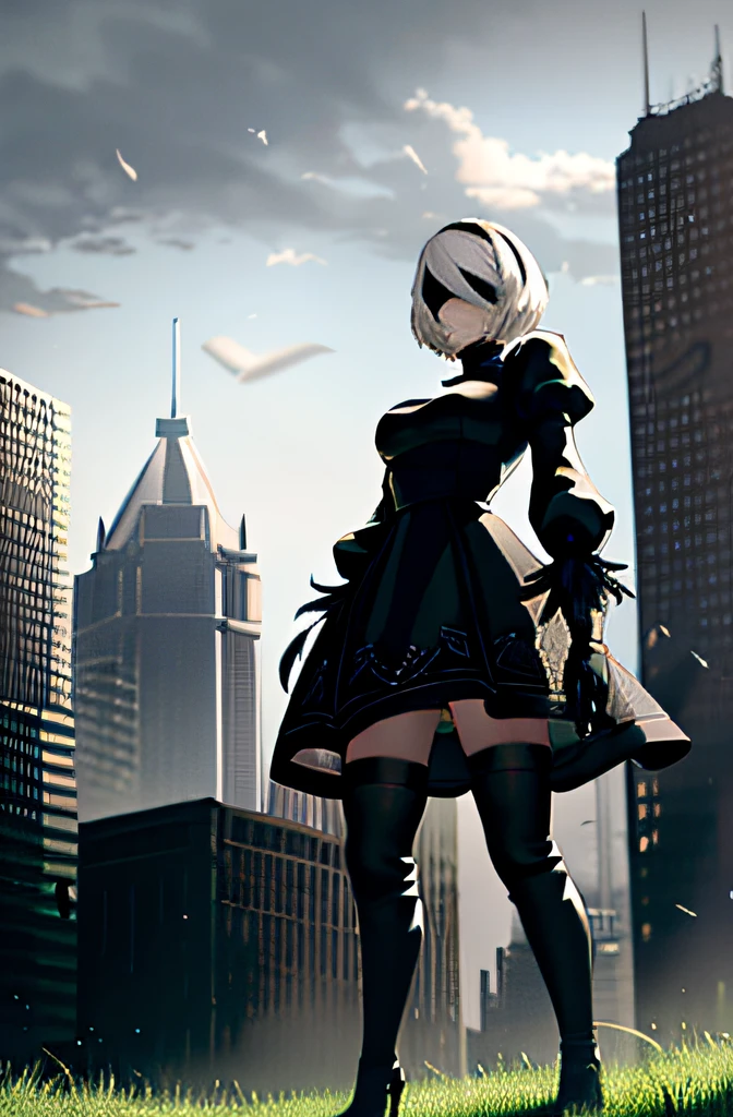 yorha no. 2 type b, 1girl, absurdres, black blindfold, black dress, black hairband, blindfold, blue sky, boots, building, city, cloud, covered eyes, debris, dress, feather-trimmed sleeves, feather trim, from below, gloves, grass, hairband, high heel boots, high heels, highres, juliet sleeves, katana, leather, leather boots, long sleeves, nier \(series\), nier automata, outdoors, overgrown, pod \(nier automata\), post-apocalypse, puddle, puffy sleeves, rubble, ruins, scenery, sky, thigh boots, thighhighs, thighhighs under boots, water