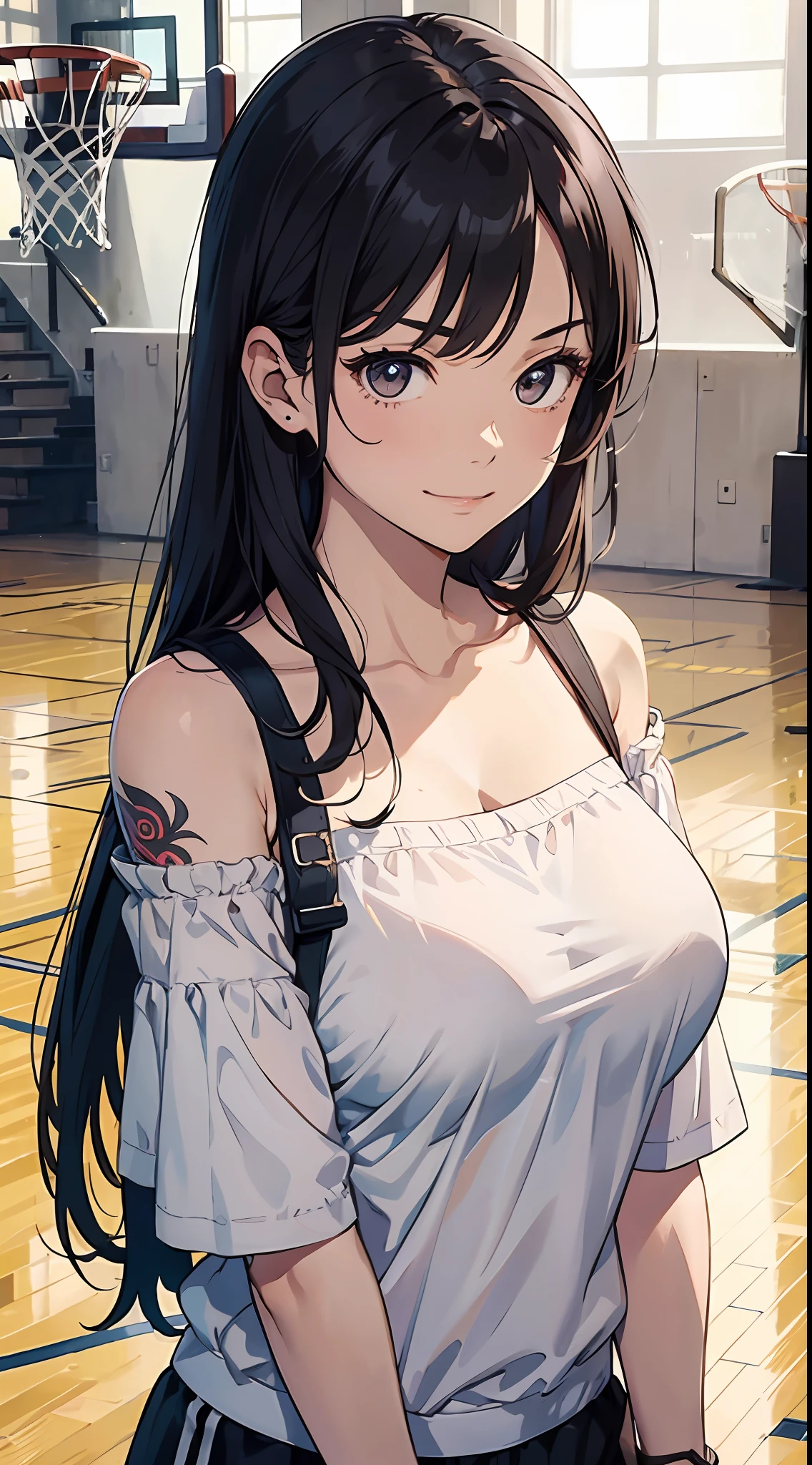 (tmasterpiece),(best qualtiy),(highly detailed),(illustratio),(超高分辨率)one-girl,Off-the-shoulder attire,Bad girl,grinning smile,tattoo,(Off-the-shoulder attire),tutor,The color hair,straight long hair,white shirt, woman,Large breasting,Top-down view,Close-up shot,basketball playground,sport
