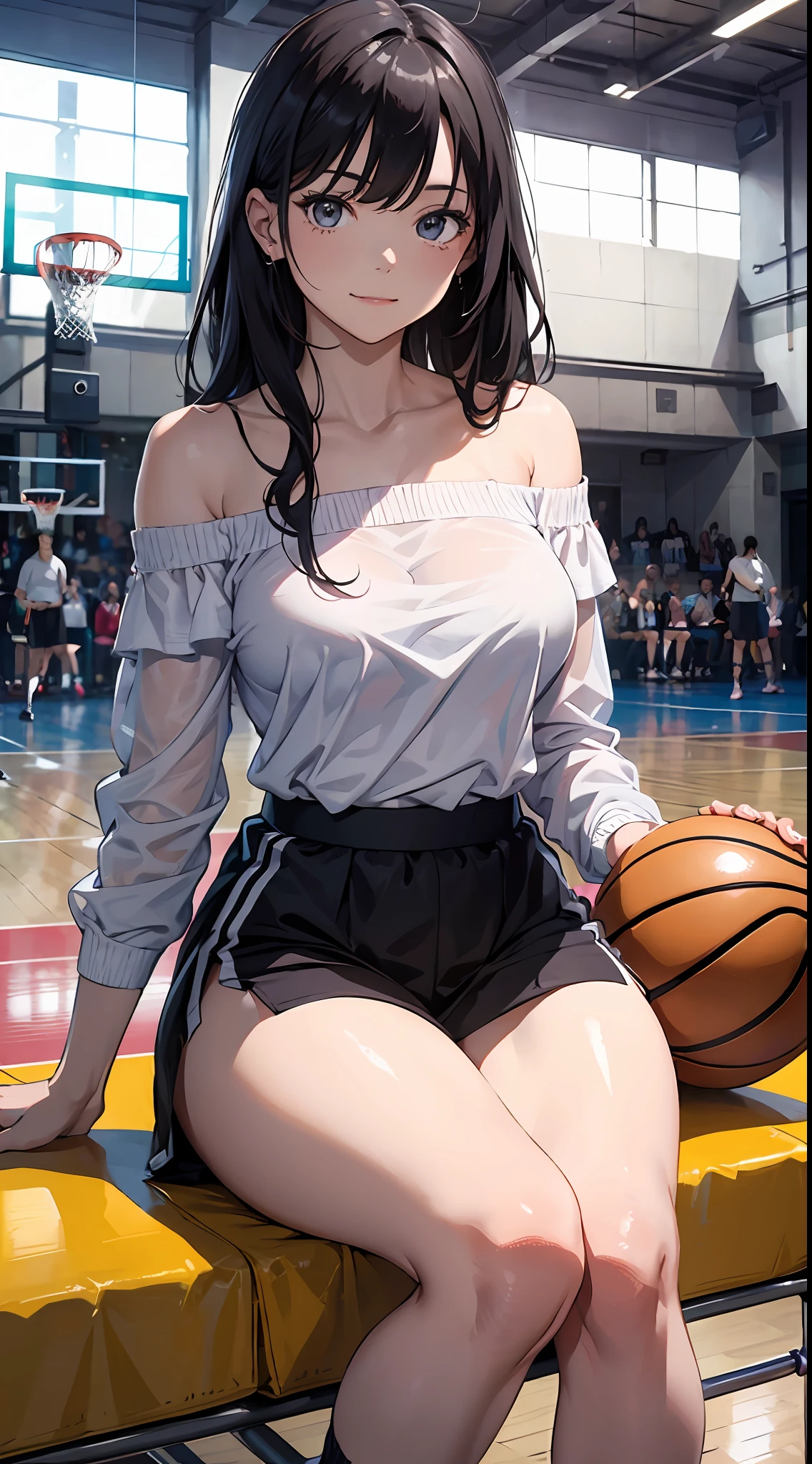 (tmasterpiece),(best qualtiy),(highly detailed),(illustratio),(超高分辨率)one-girl,Off-the-shoulder attire,Bad girl,grinning smile,tattoo,(Off-the-shoulder attire),tutor,The color hair,straight long hair,white shirt,Mature woman,Large breasts,scowling,Top-down view,Close-up shot,basketball playground,sport