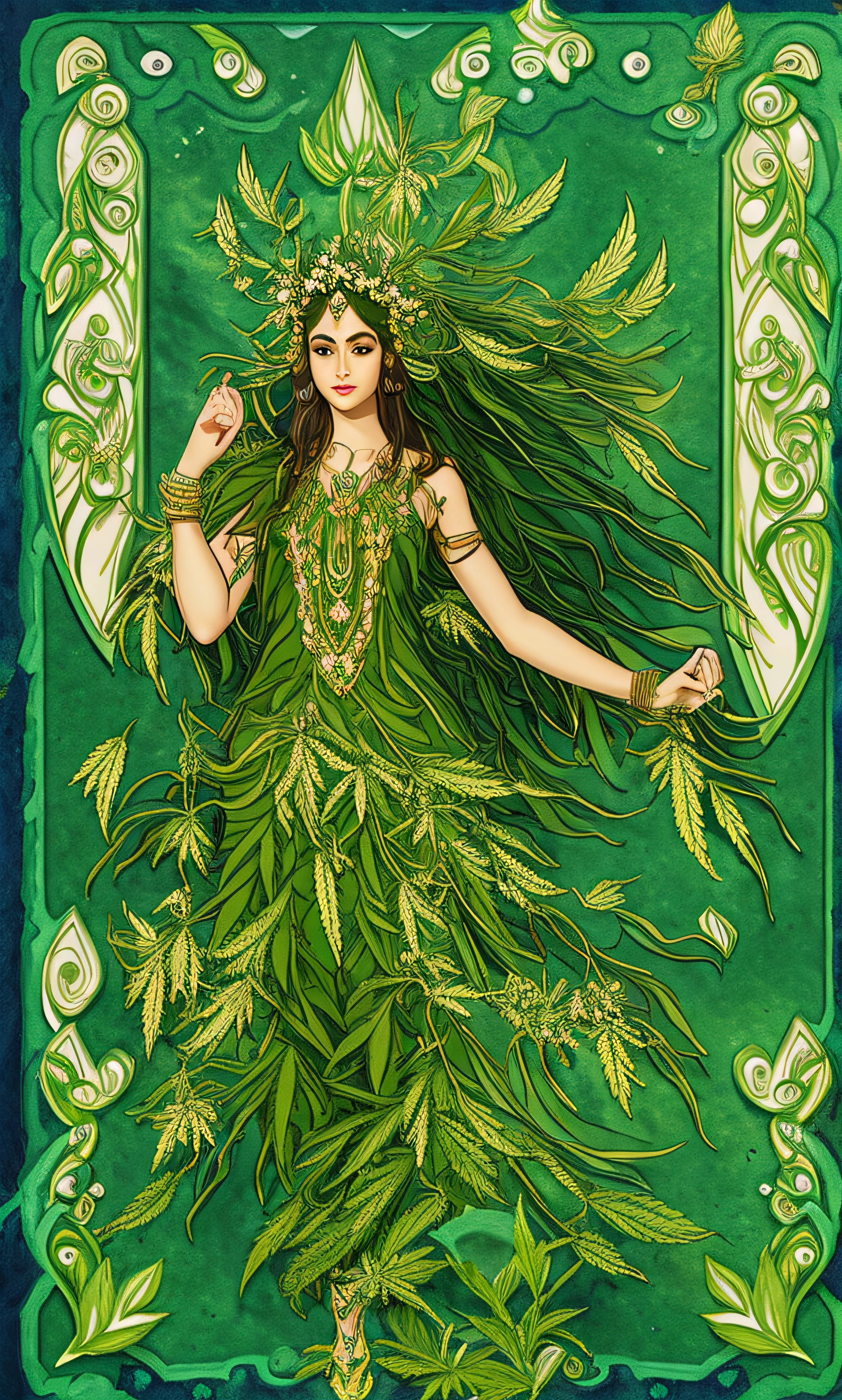(best quality, masterpiece) portrait of a beautiful and exquisite cannabis dryad with a serene expression, featuring (ultra detailed, high resolution) textures, (dynamic pose, floating) amidst lush greenery.