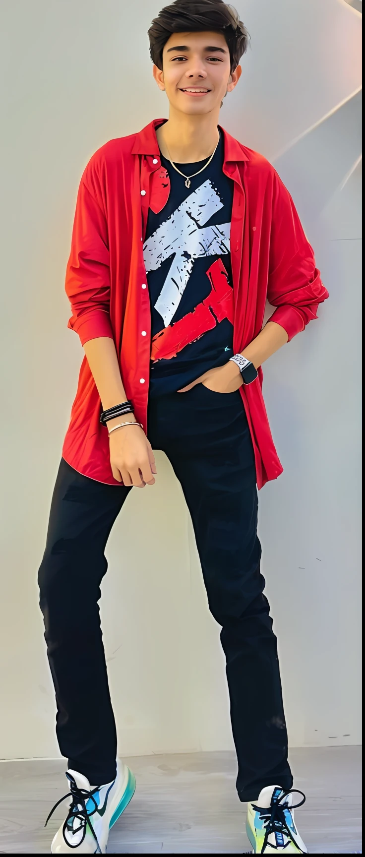 a close up of a person standing on a skateboard wearing a red shirt, cool red jacket, cool style, style of jordan grimmer, red clothes, hip hop style, handsome anime pose, long hair and red shirt, wearing red clothes, red and black tones, full body black and red longcoat, red and black colors, red jacket, profile pic Change background cyberpunk handsome boy, realistic face, 8k, ultra realistic